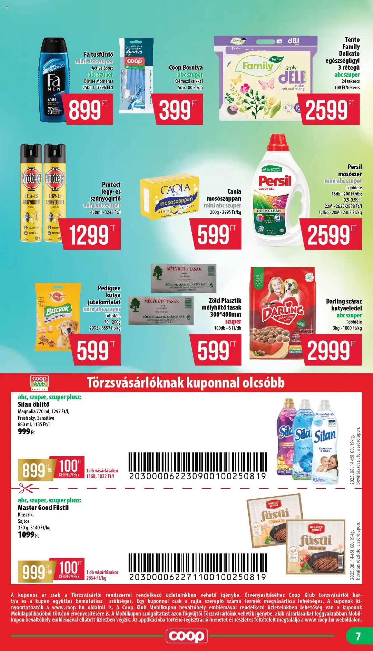COOP akciós ujság - amely érvényes a következő dátumtól: 14.08.2025 | Oldal: 7 | Termékek: Persil, Mélyhűtő, Öblítő, Bor