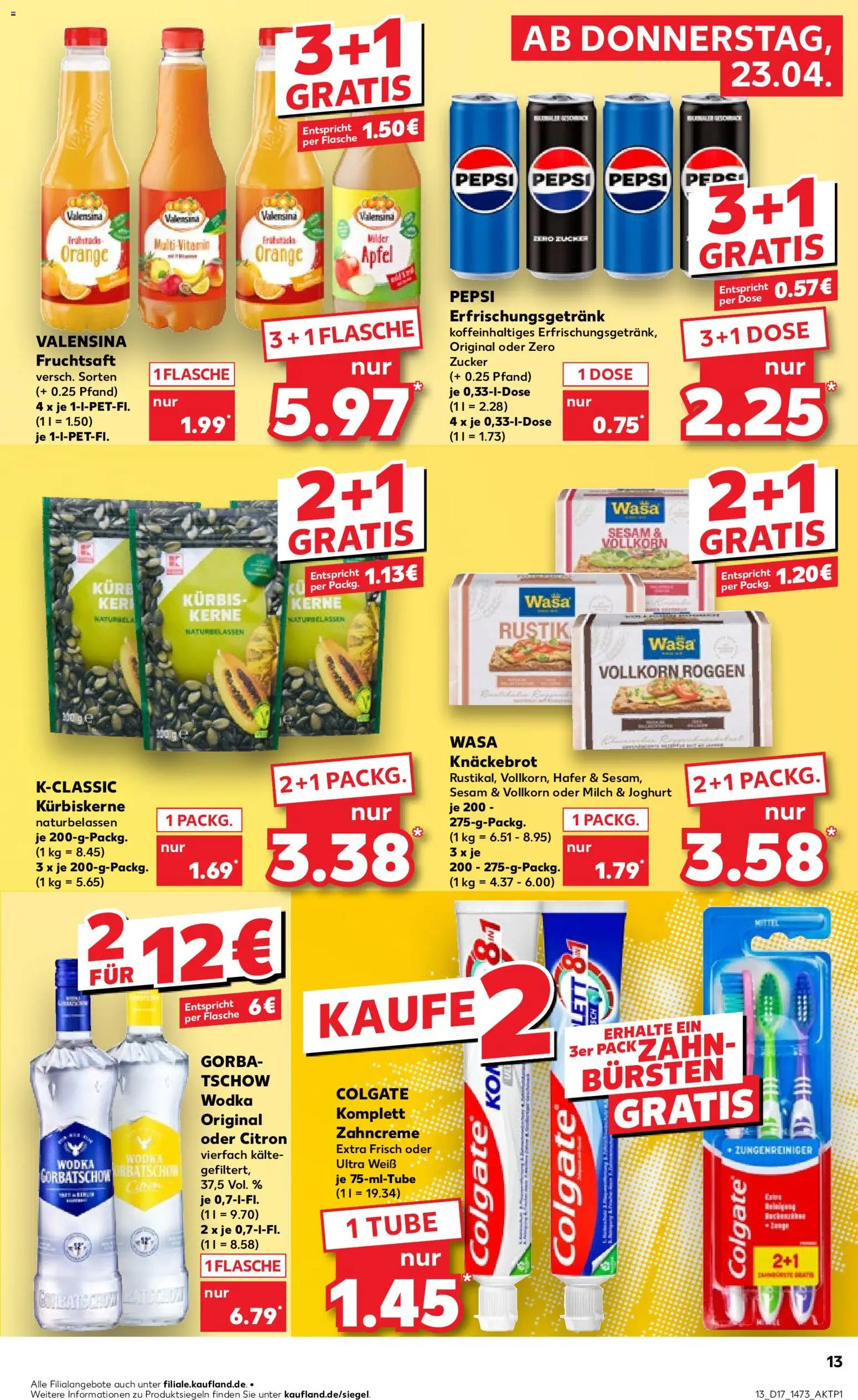Kaufland Prospekt – gültig ab 23.04.2026 | Seite: 13 | Produkte: Milch, Zucker, Wasa knackebrot, Wodka