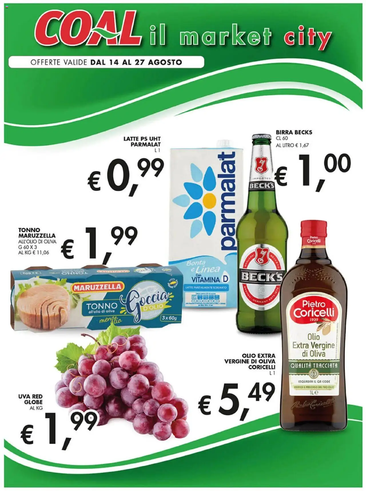 Volantino Coal del 14.08.2025 | Pagina: 1 | Prodotti: Olio, Uva, Tonno, Olio extra vergine