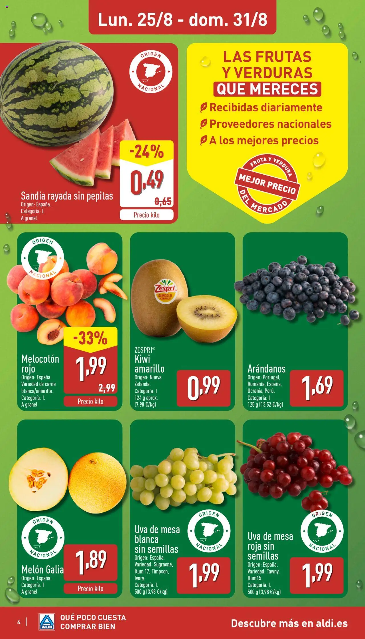 Aldi folleto Península │ válido desde el 25.08.2025 | Página: 4 | Productos: Φορτιστής, Melocotón rojo, Sandía, Mesa