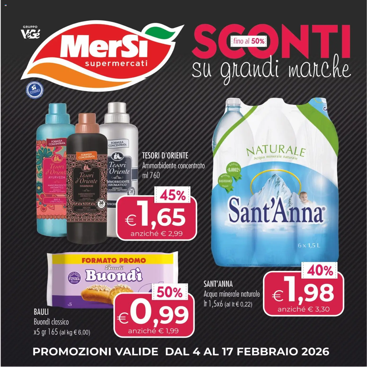 Volantino MerSi Supermercati del 04.01.2026 | Pagina: 1 | Prodotti: Ammorbidente, Acqua, Acqua minerale