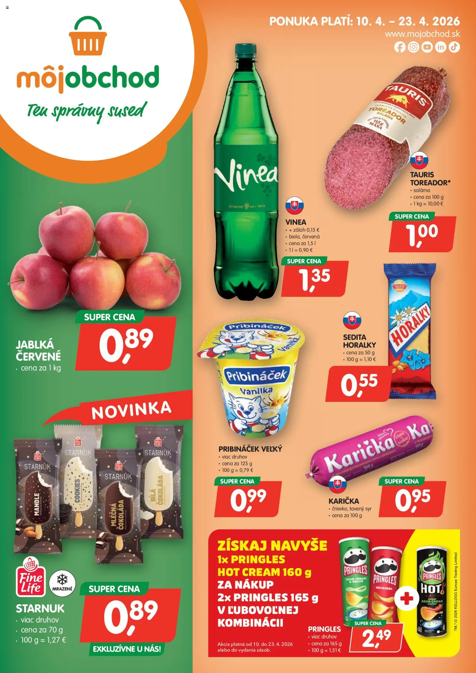 Nové Môj obchod akcie – leták je platný od 10.04.2026 | Strana: 1 | Produkty: Saláma, Čokoláda, Mandle, Vinea