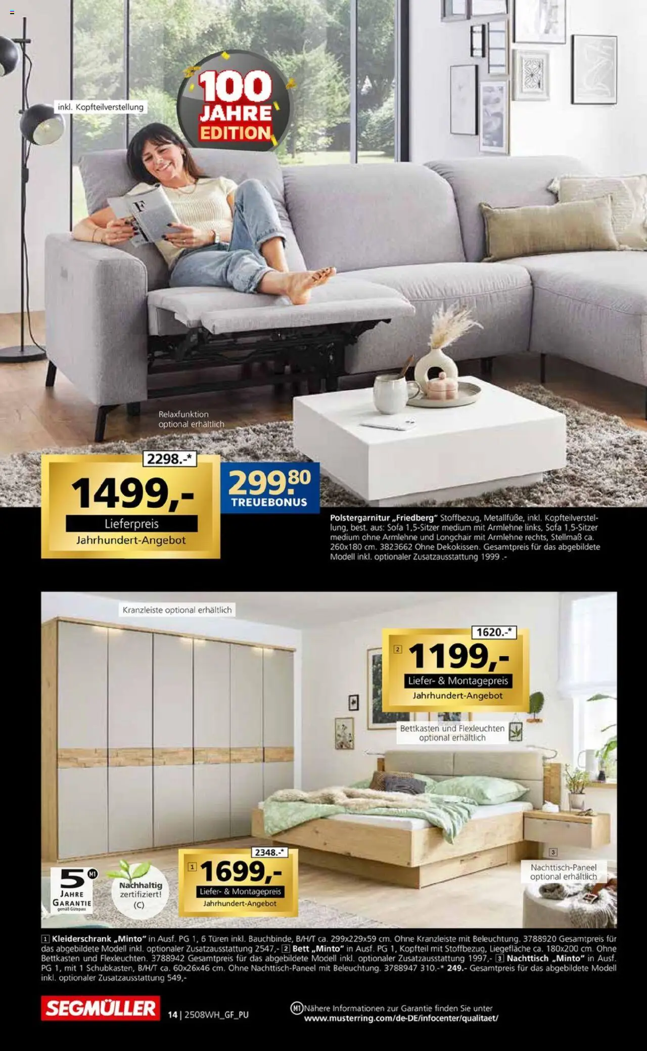 Segmüller Wohndesign - gültig ab dem 02.08.2025 | Seite: 14 | Produkte: Bett, Kleiderschrank, Nachttisch, Sofa