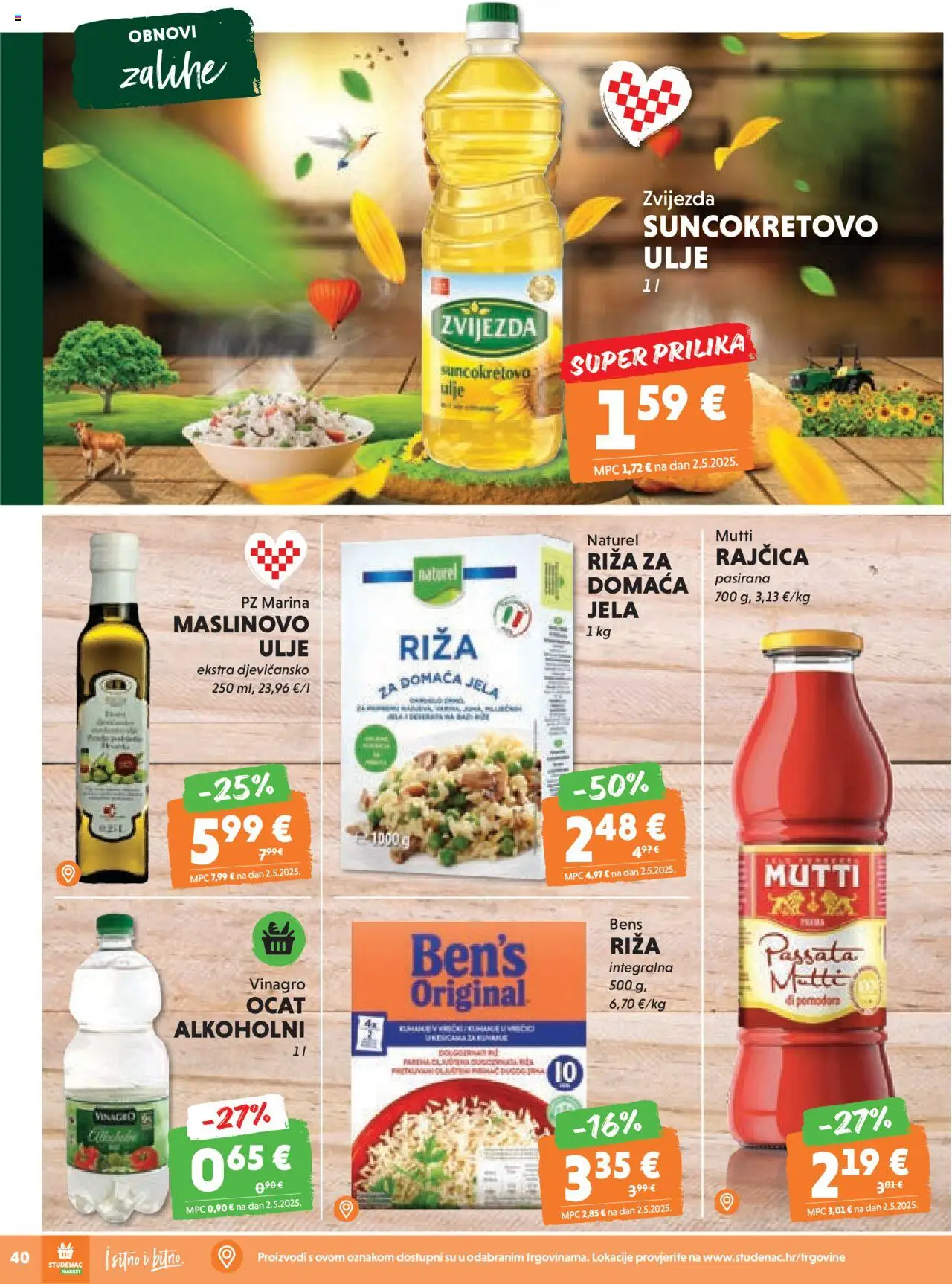 Studenac katalog | vrijedi od 13.08.2025 | Stranica: 40 | Proizvodi: Suncokretovo ulje, Maslinovo ulje, Riža, Rajčica