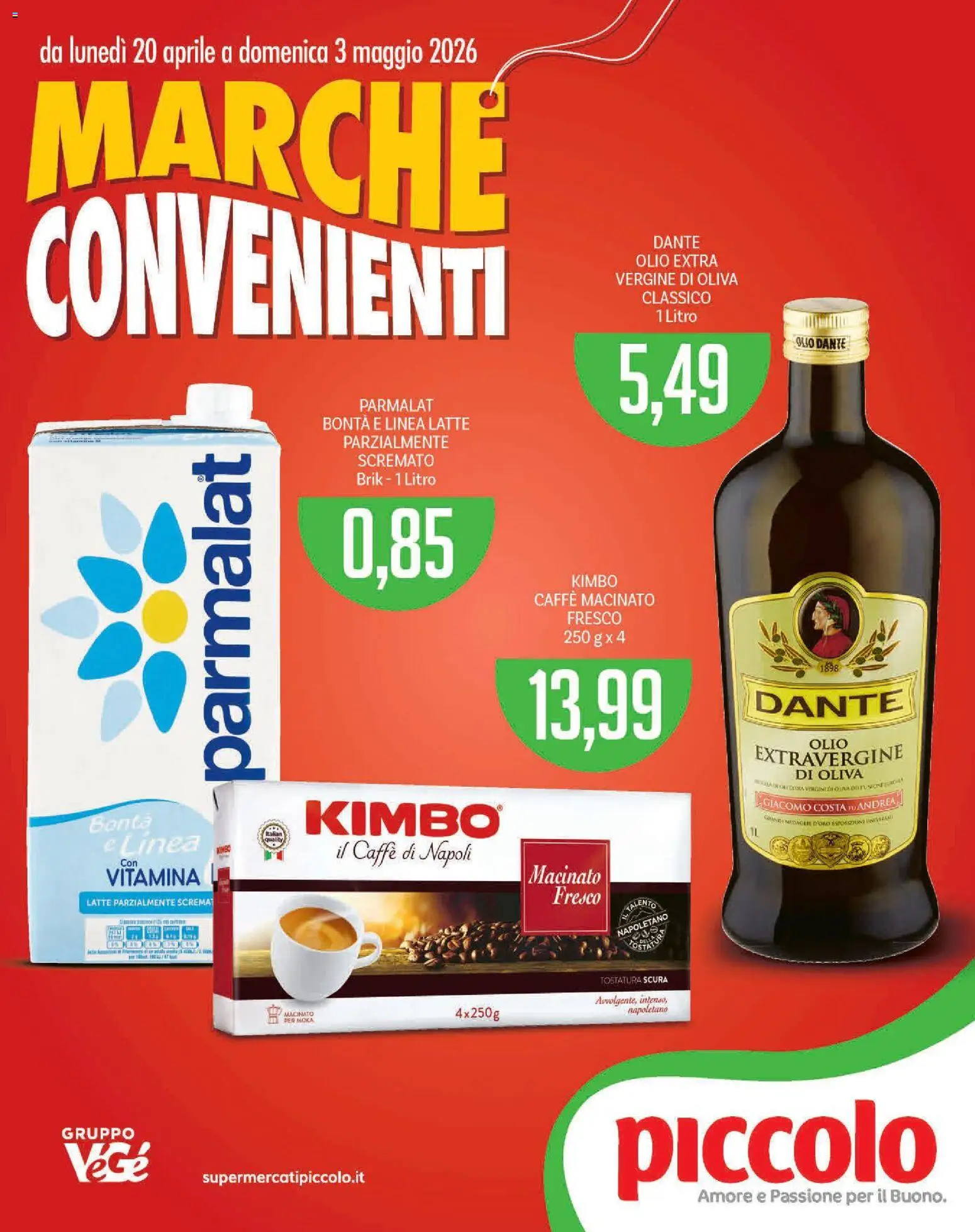 Volantino Piccolo del 20.04.2026 | Pagina: 1 | Prodotti: Latte, Olio, Olio extra vergine, Latte parzialmente scremato
