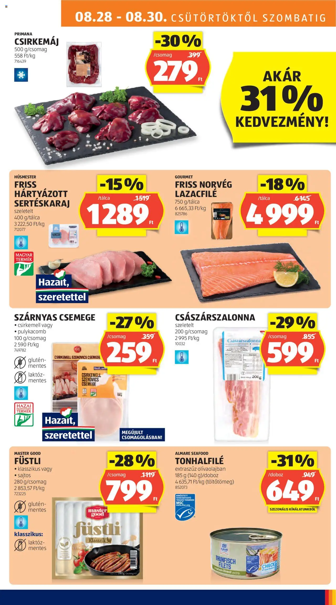 Aldi akciós ujság - amely érvényes a következő dátumtól: 28.08.2025 | Oldal: 9 | Termékek: Sertéskaraj, Bacon, Csirkemáj, Csirkemell