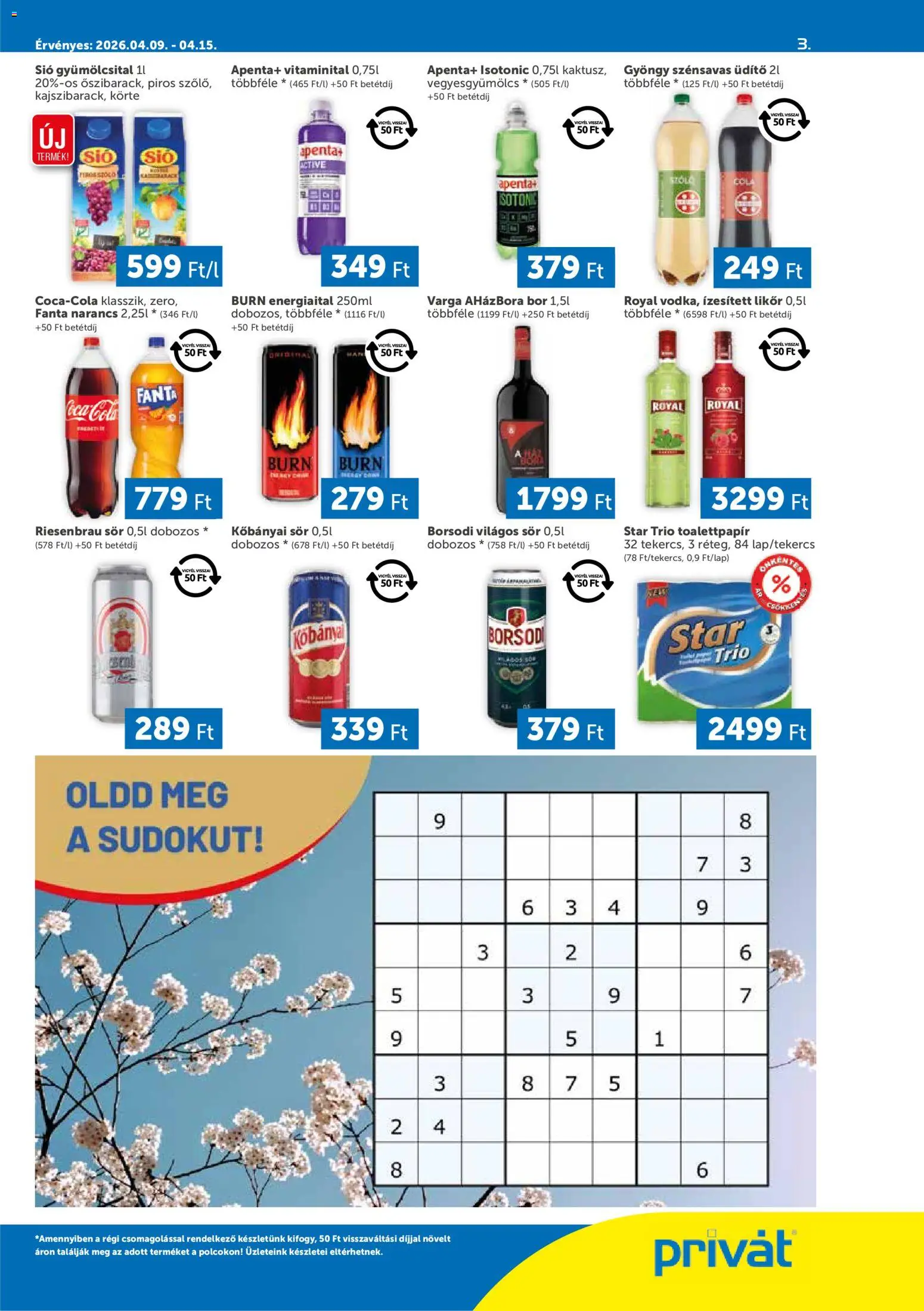 PRIVÁT akciós ujság - amely érvényes a következő dátumtól: 09.04.2026 | Oldal: 3 | Termékek: Energiaital, Fanta, Coca Cola, Bor