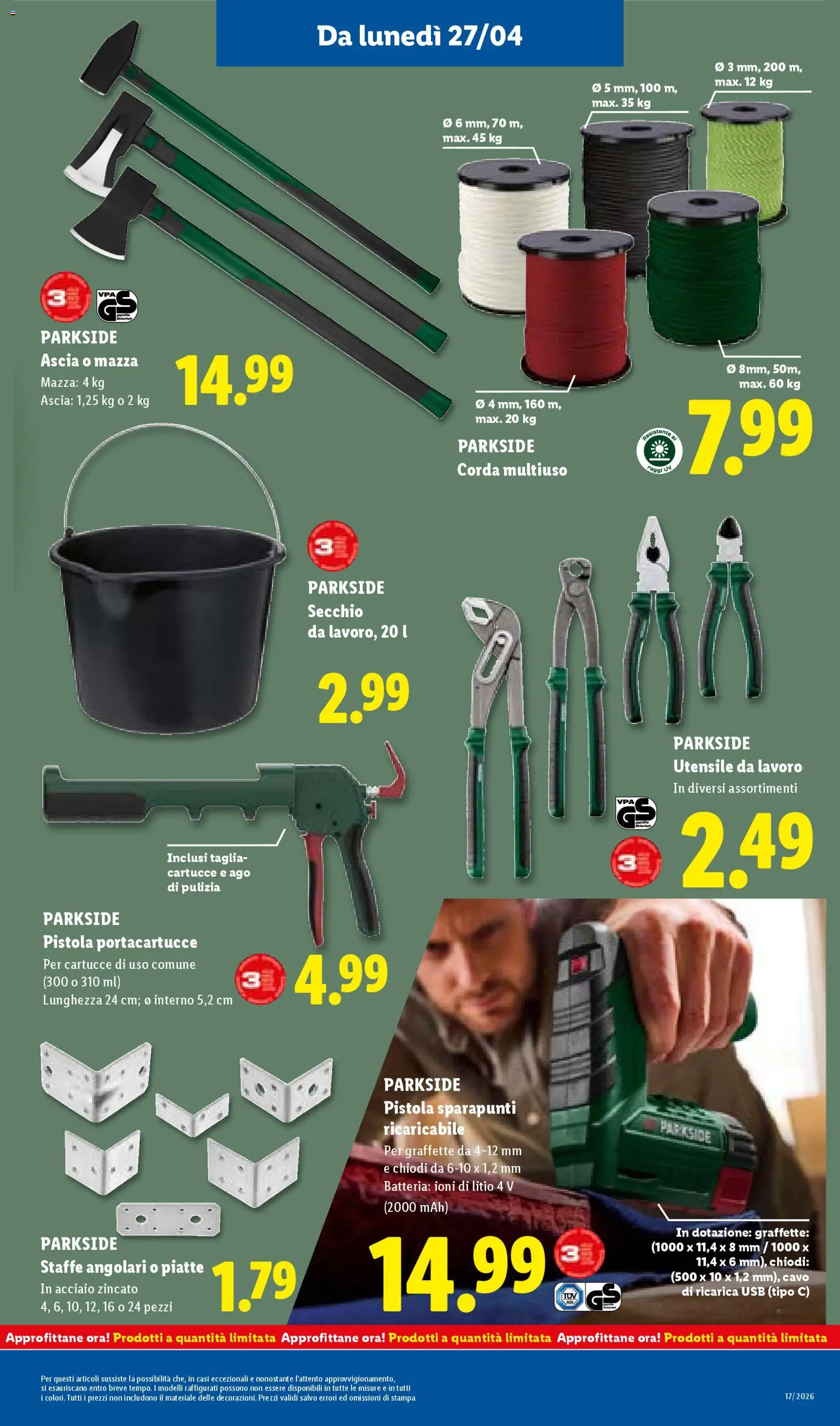 Volantino Lidl del 23.04.2026 | Pagina: 49 | Prodotti: Secchio, Cavo, Chiodi, Batteria