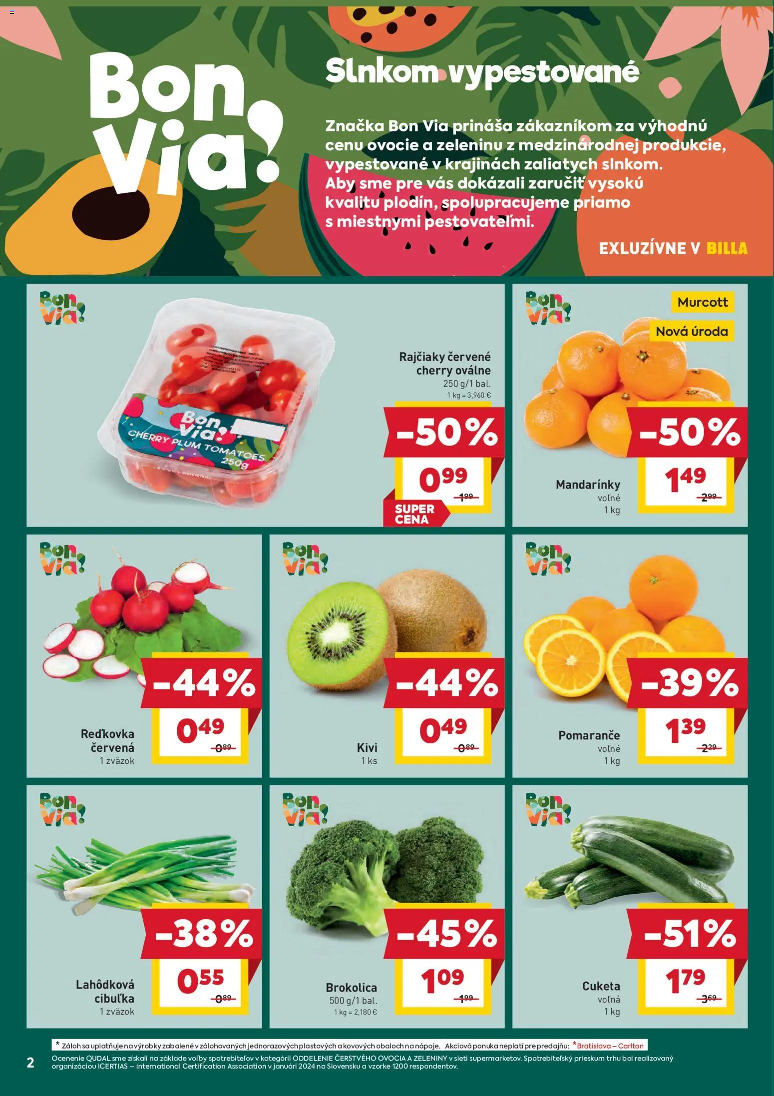 Nové Billa akcie – leták je platný od 14.01.2026 | Strana: 2 | Produkty: Pomaranče, Brokolica, Mandarinky, Cuketa