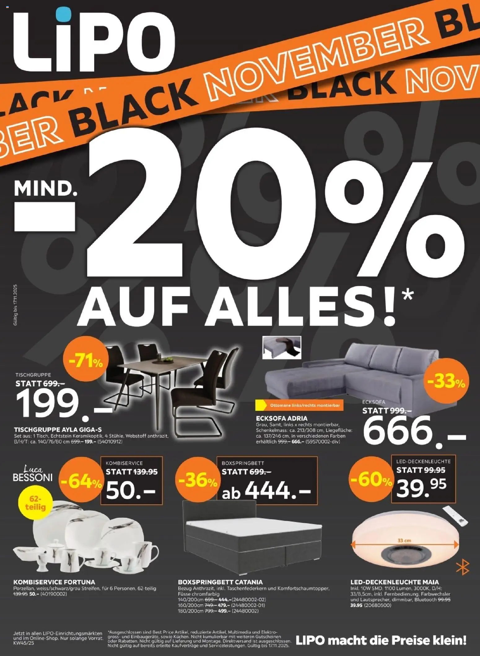 Lipo - Black Friday – gültig ab 04.11.2025 | Seite: 1 | Produkte: Boxspringbett, Ecksofa