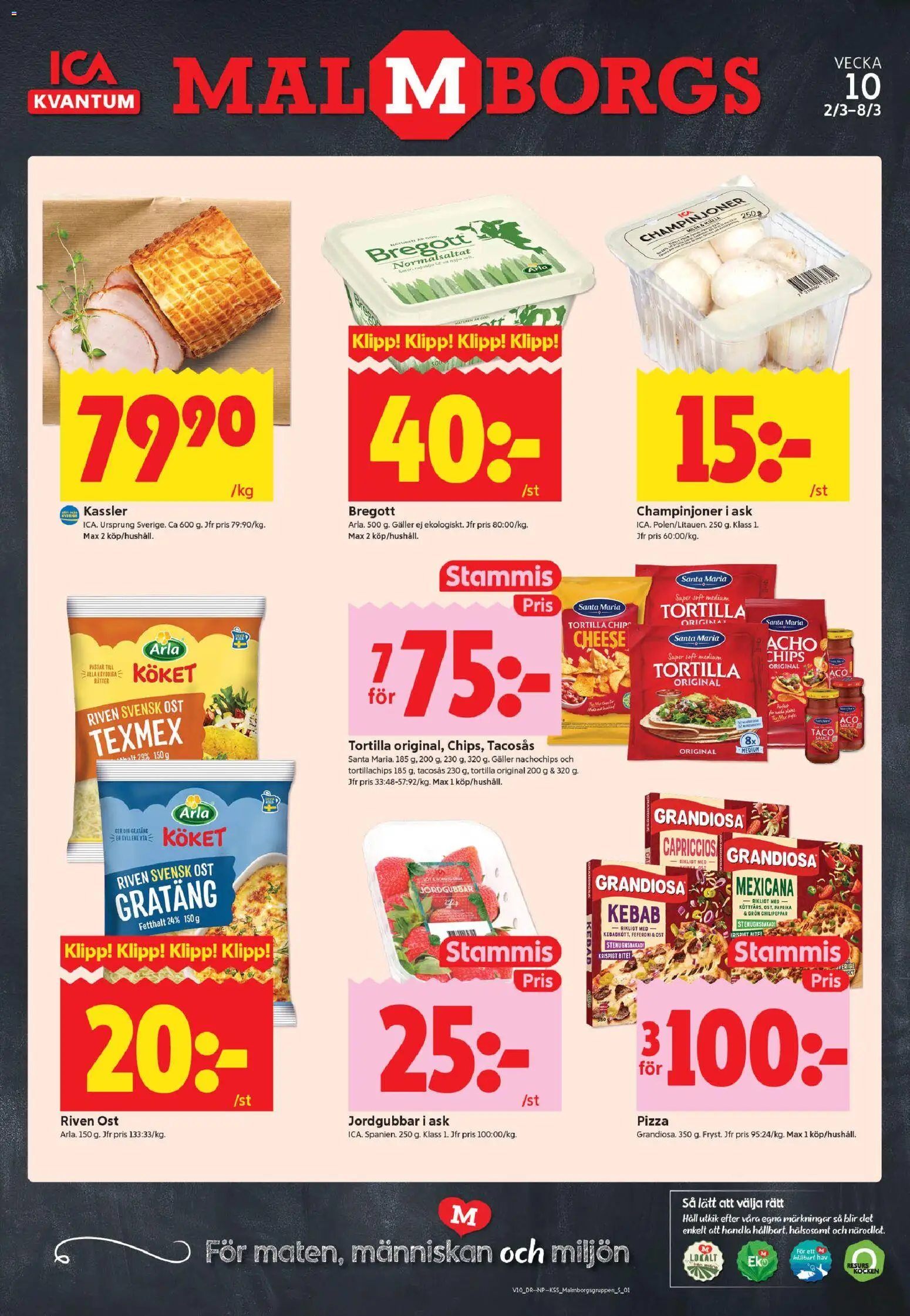 ICA Kvantum reklamblad aktuell från 02.03.2026 | Sida: 1 | Produkter: Tortilla, Kassler, Ost, Jordgubbar