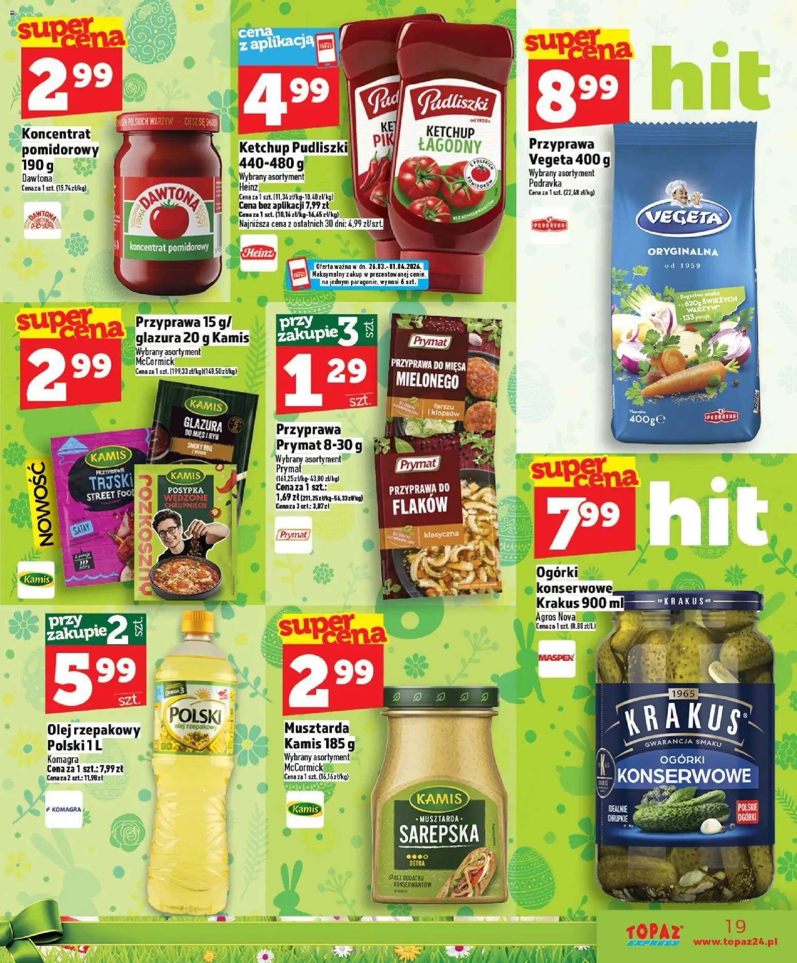 Topaz gazetka - Express od 26.03.2026 | Strona: 19 | Produkty: Olej rzepakowy, Ketchup, Ketchup pudliszki, Olej