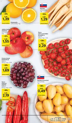 Tesco leták platný od 22.04.2026 | Strana: 3 | Produkty: Pomaranče, Zemiaky, Petržlen, Hrozno