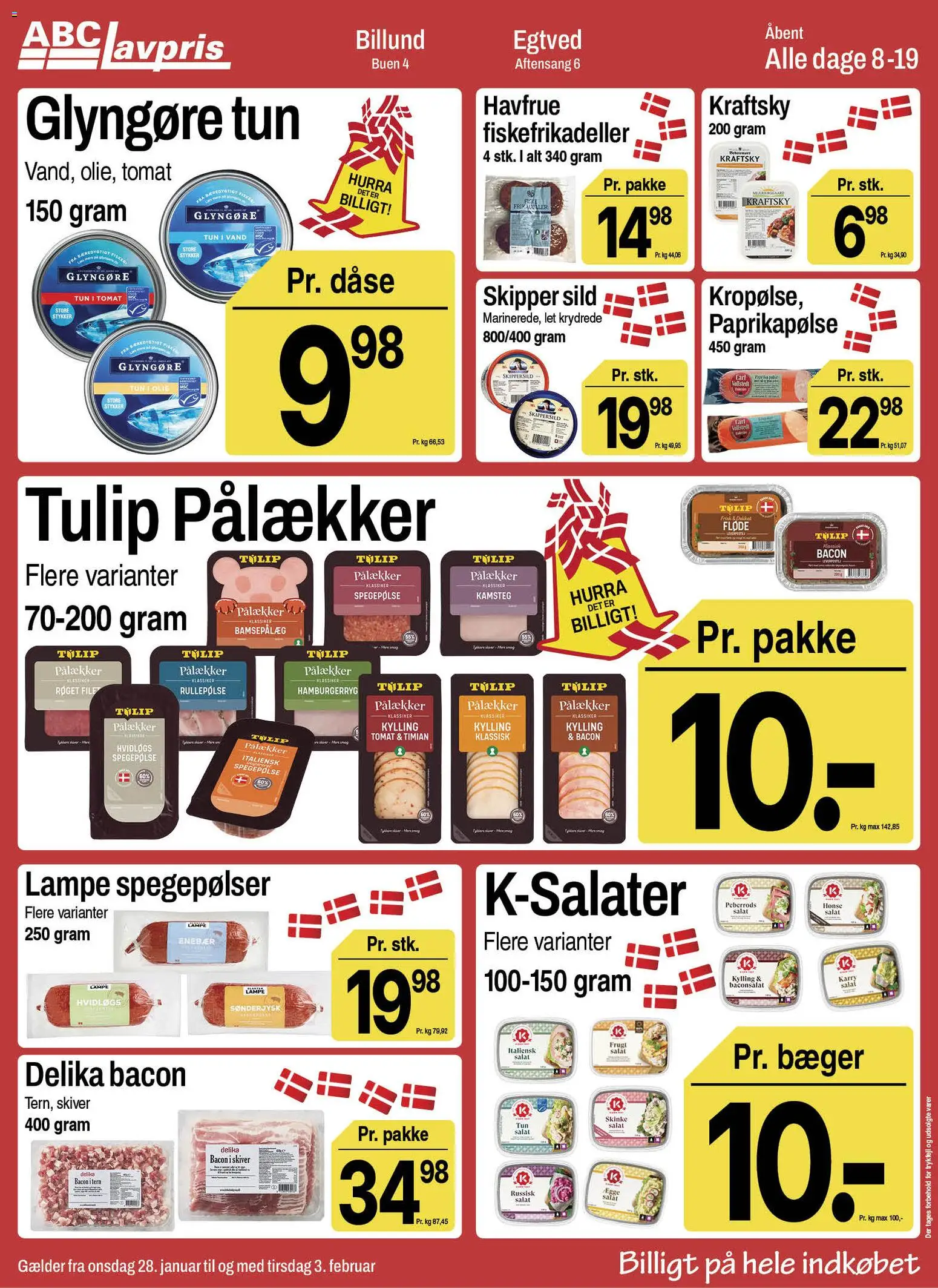 Abc Lavpris tilbudsavis – gyldig fra 28.01.2026 | Side: 9 | Produkter: Spegepølse, Fiskefrikadeller, Bacon, Hamburgerryg