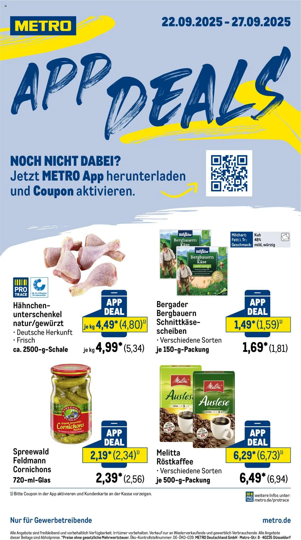 Metro App Deals – gültig ab 22.09.2025 | Seite: 1 | Produkte: Melitta, Hahnchen, Käse