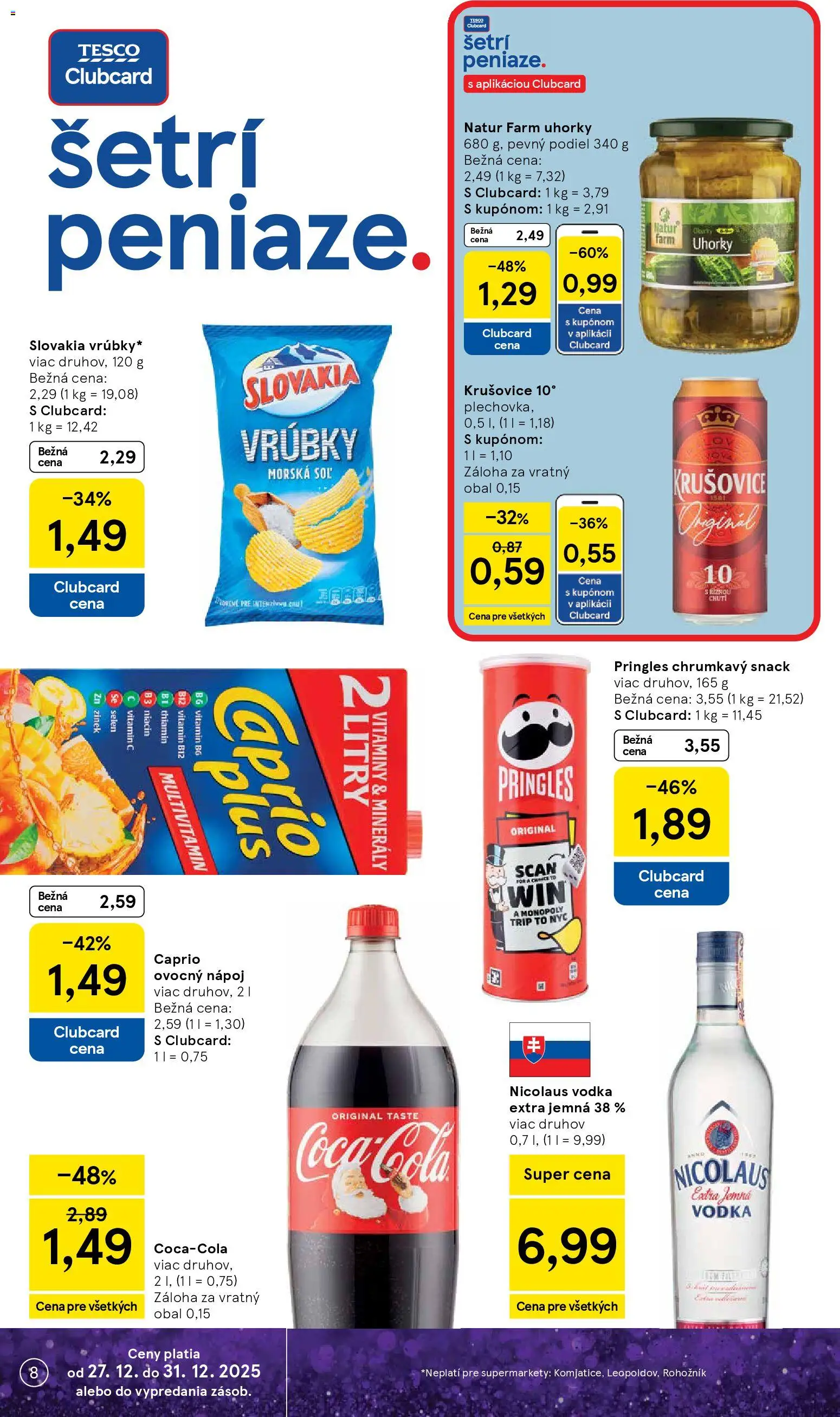 Nové Tesco akcie – leták je platný od 27.12.2025 | Strana: 8 | Produkty: Pringles, Soľ, Uhorky, Nicolaus vodka