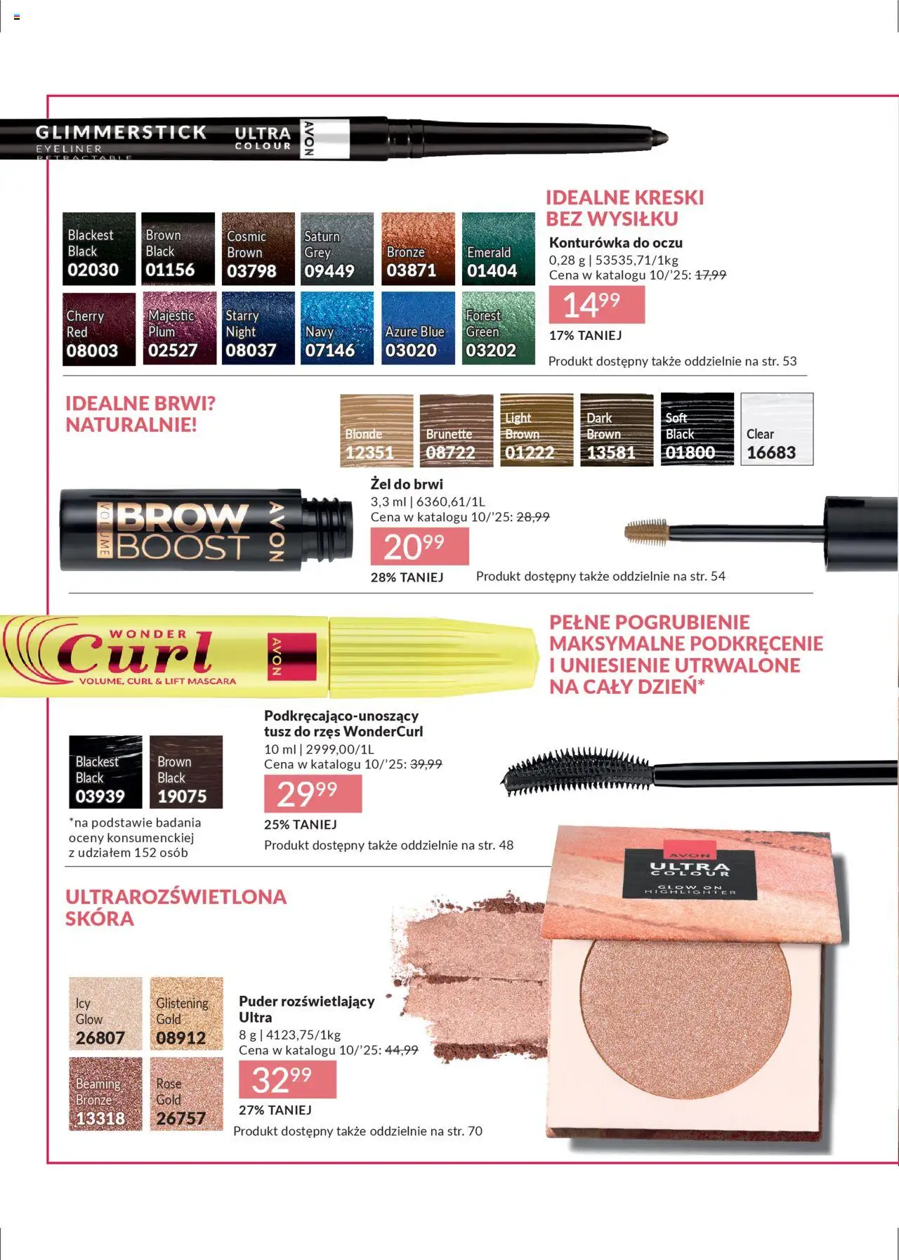 Avon Katalog 10 2025 od 01.10.2025 | Strona: 48 | Produkty: Puder, Tusz do rzęs, Eyeliner, Konturówka