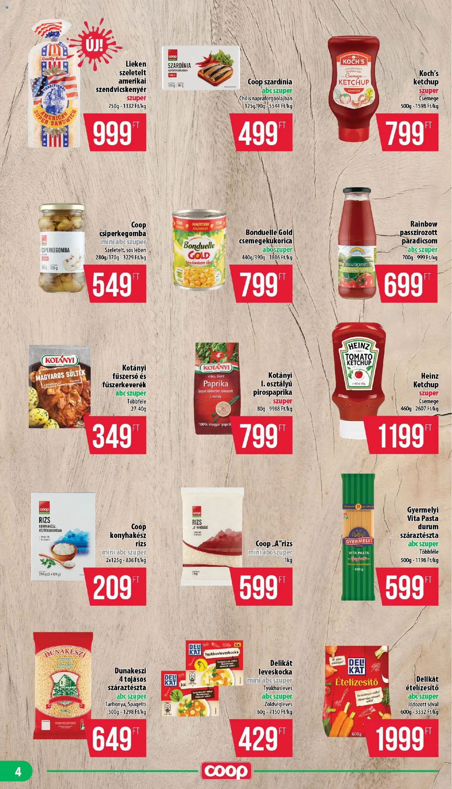COOP akciós ujság - amely érvényes a következő dátumtól: 13.11.2025 | Oldal: 4 | Termékek: Fűszerkeverék, Szardínia, Szendvicskenyér, Rizs