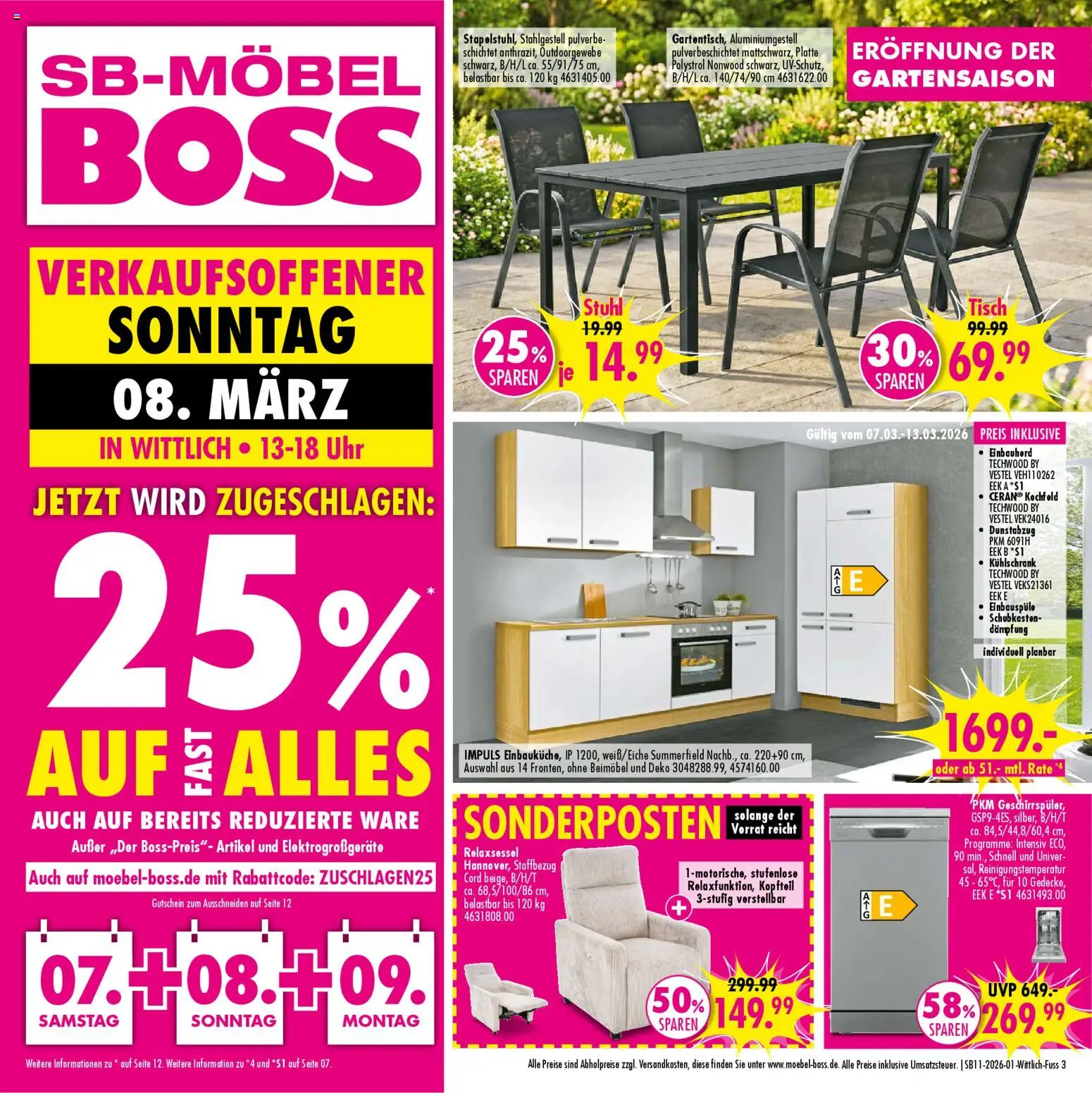 SB Möbel Boss Prospekt Wittlich – gültig ab 07.03.2026 | Seite: 1 | Produkte: Relaxsessel, Tisch, Dunstabzug, Uhr