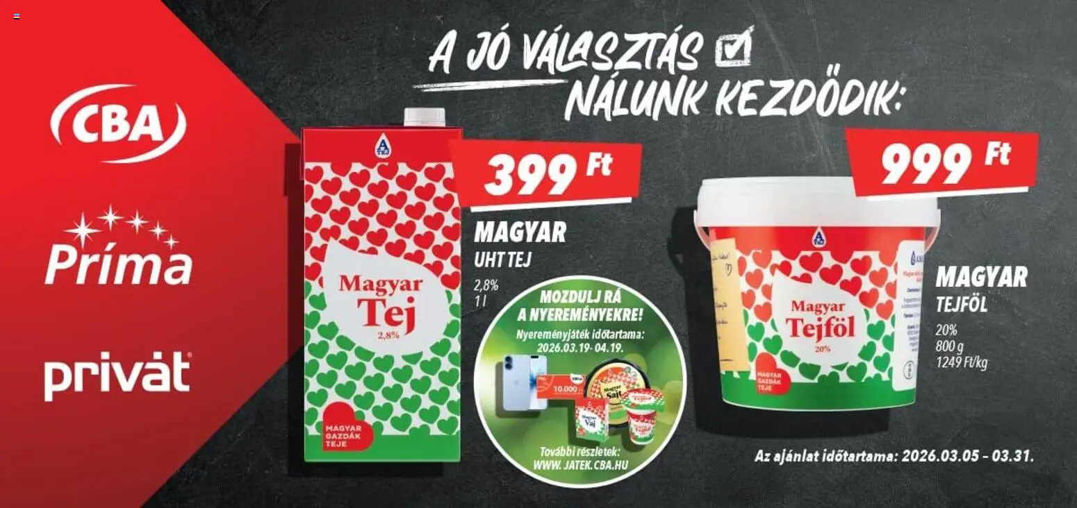 CBA Príma akciós ujság - amely érvényes a következő dátumtól: 05.03.2026 | Oldal: 2 | Termékek: Tej, Tejföl