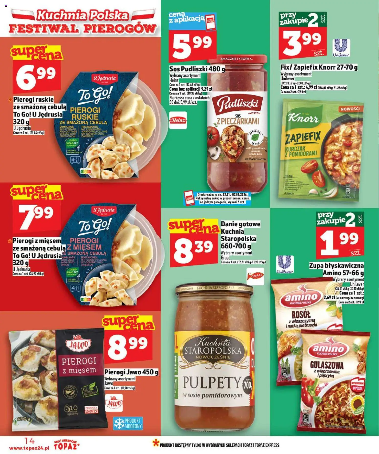 Topaz Gazetka MAZ od 02.01.2026 | Strona: 14 | Produkty: Kurczak, Pierogi, Papryka, Wieprzowina