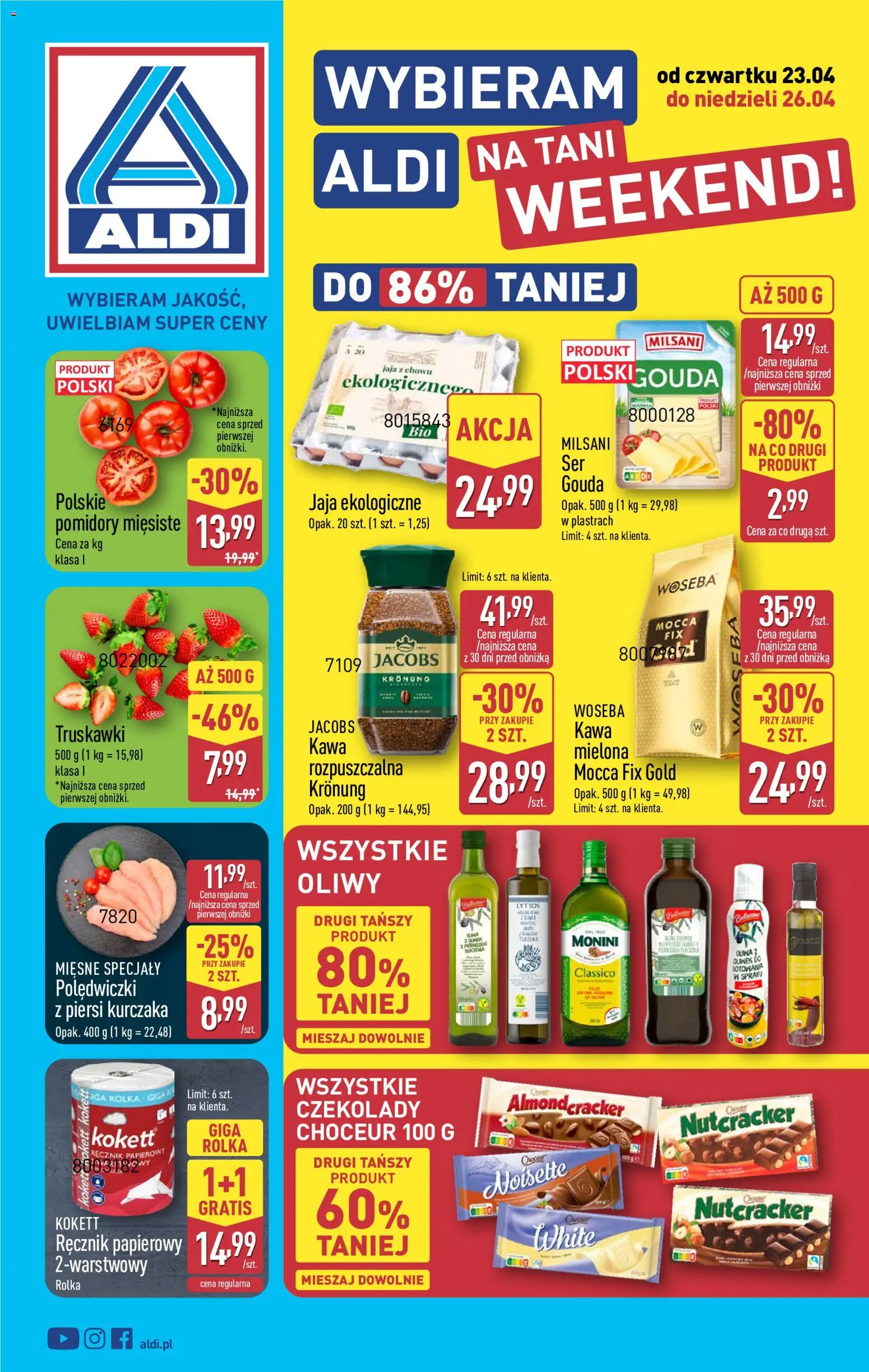 Aldi Polsko leták - Oferta weekendowa od 23.04.2026 | Strana: 1 | Produkty: Gouda, Jacobs Kronung, Jacobs