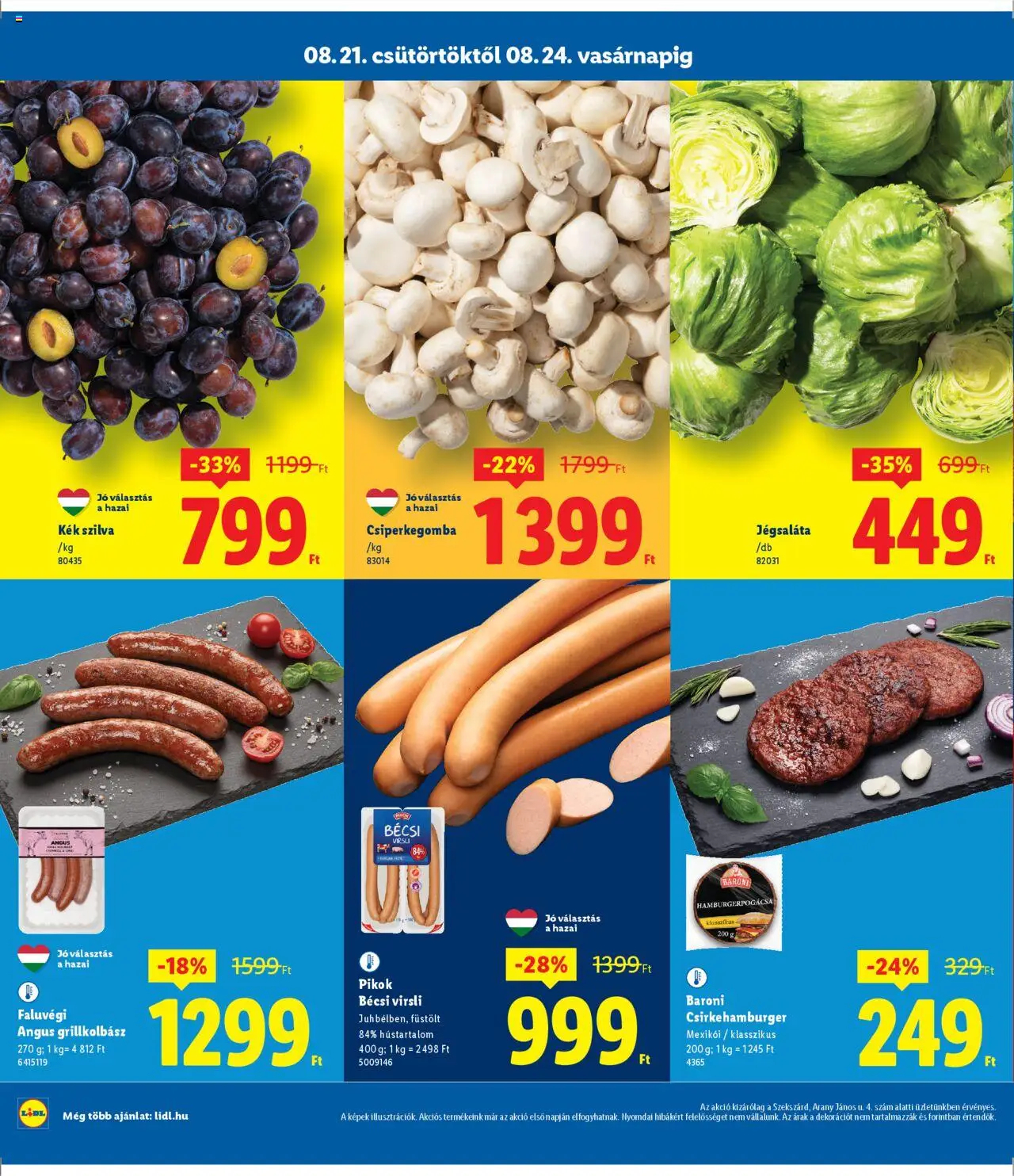 Lidl akciós ujság - amely érvényes a következő dátumtól: 21.08.2025 | Oldal: 2 | Termékek: Virsli, Hamburgerpogácsa, Csiperkegomba, Jégsaláta