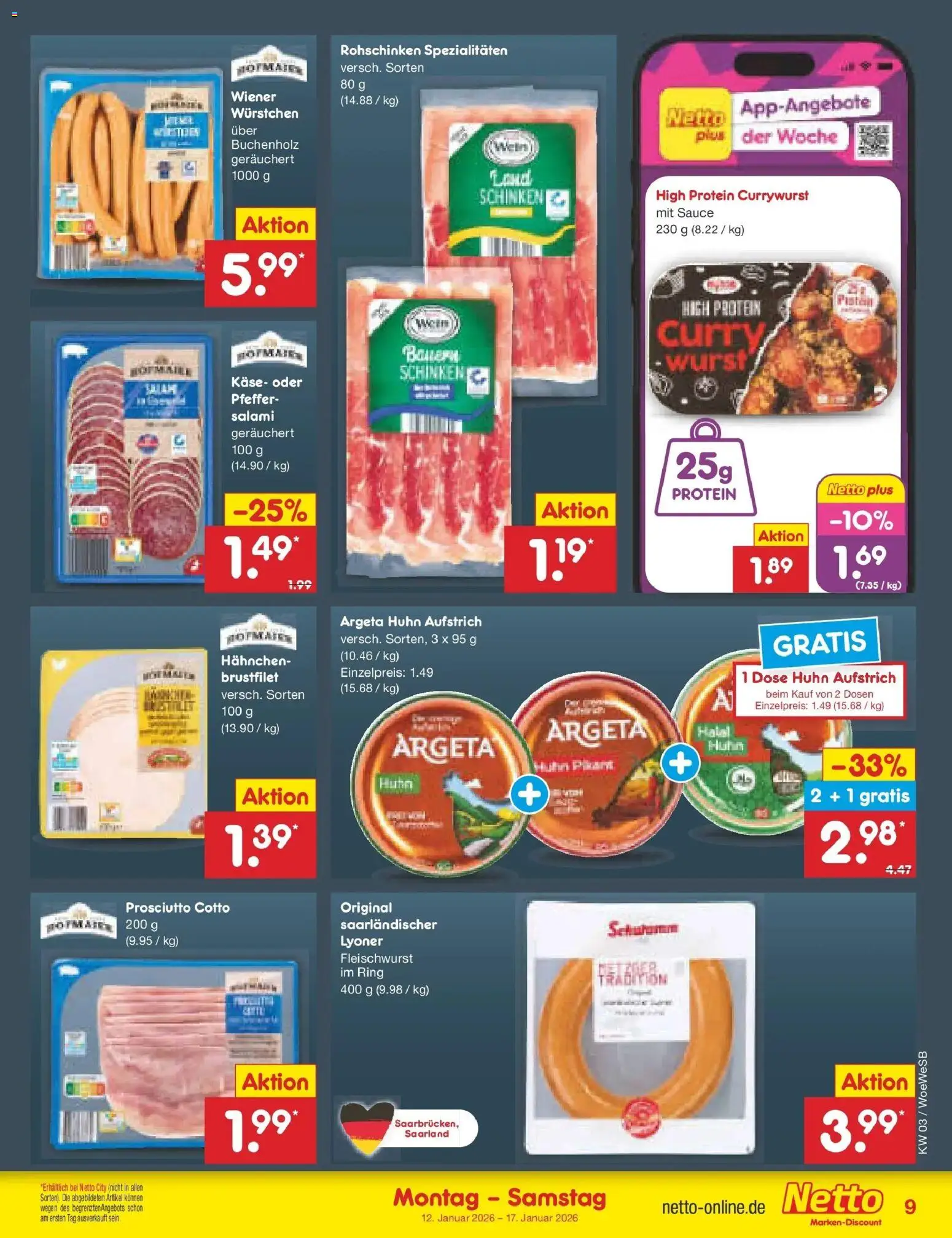 Netto Marken-Discount prospekt Katzweiler	 – gültig ab 12.01.2026 | Seite: 9 | Produkte: Hahnchen, Wurst, Salami, Schinken