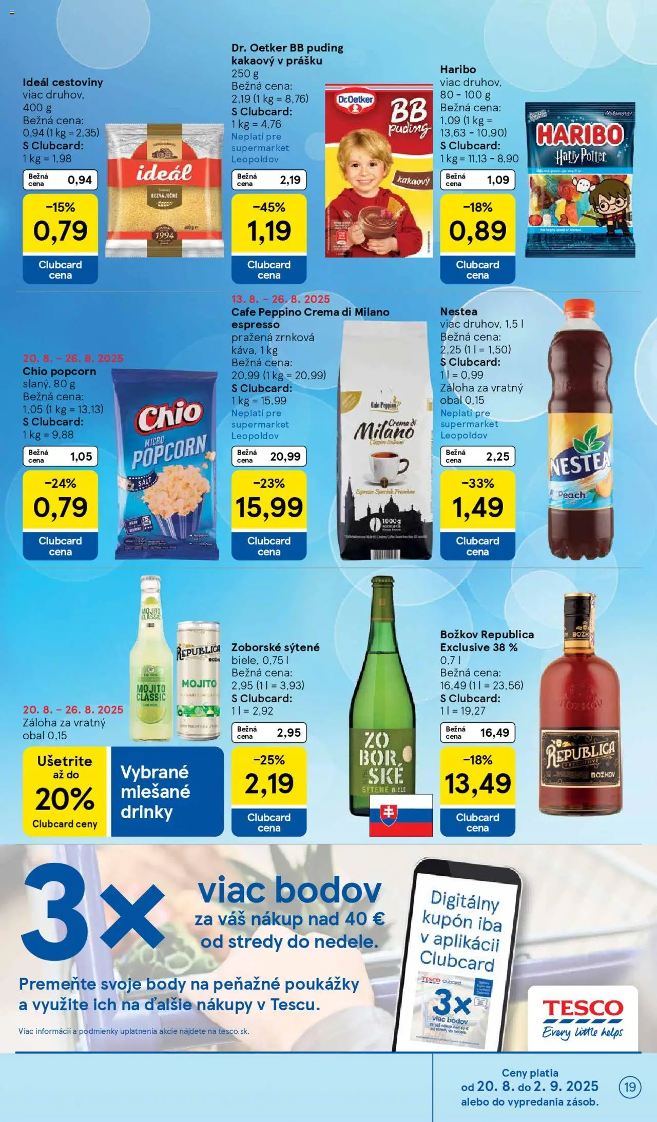 Tesco Supermarket - leták │ platný od 20.08.2025 | Strana: 19 | Produkty: Cestoviny, Božkov, Puding, Republica