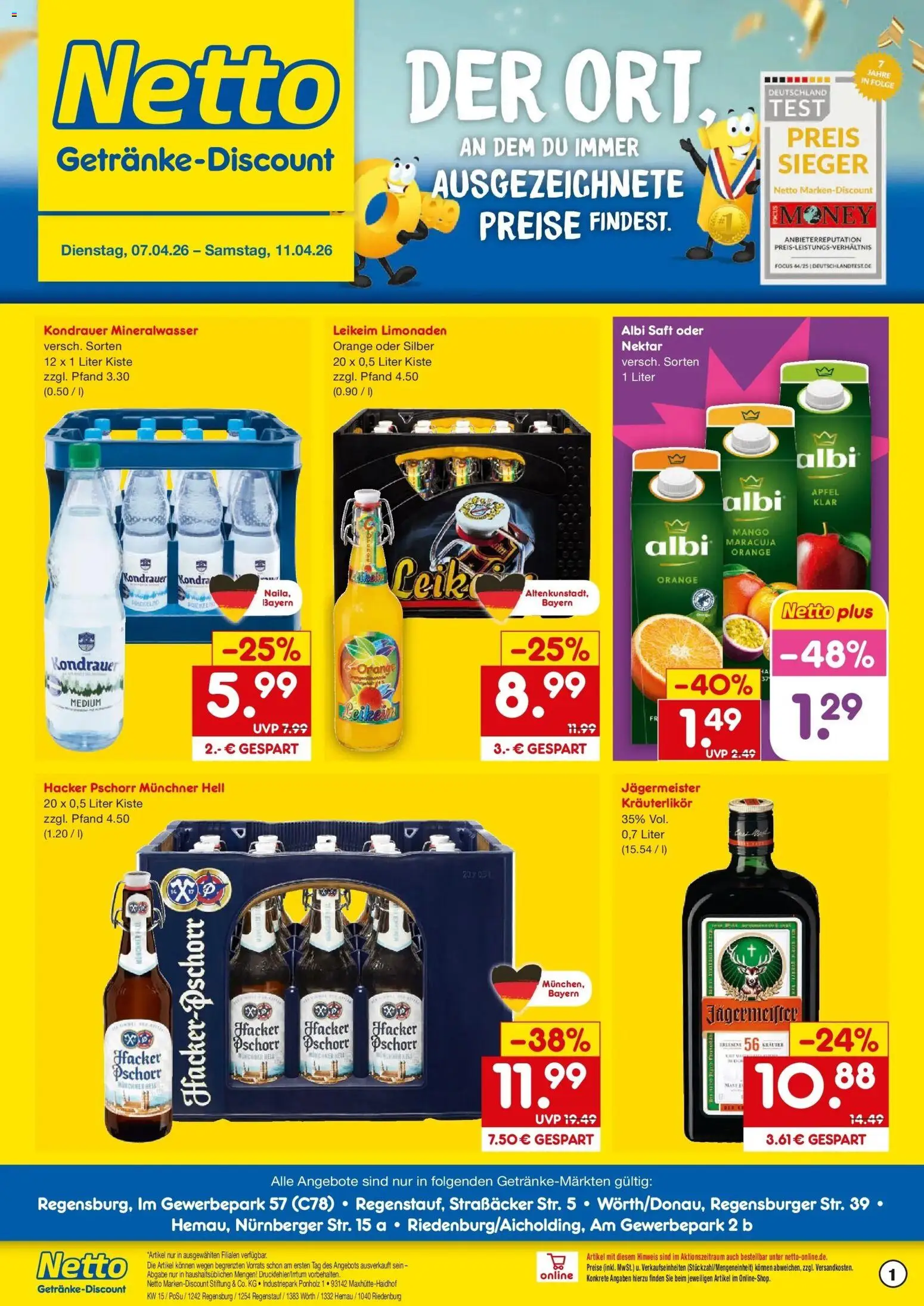 Netto Marken-Discount Prospekt Hemau	 – gültig ab 07.04.2026 | Seite: 1 | Produkte: Äpfel, Mineralwasser, Jägermeister, Mango