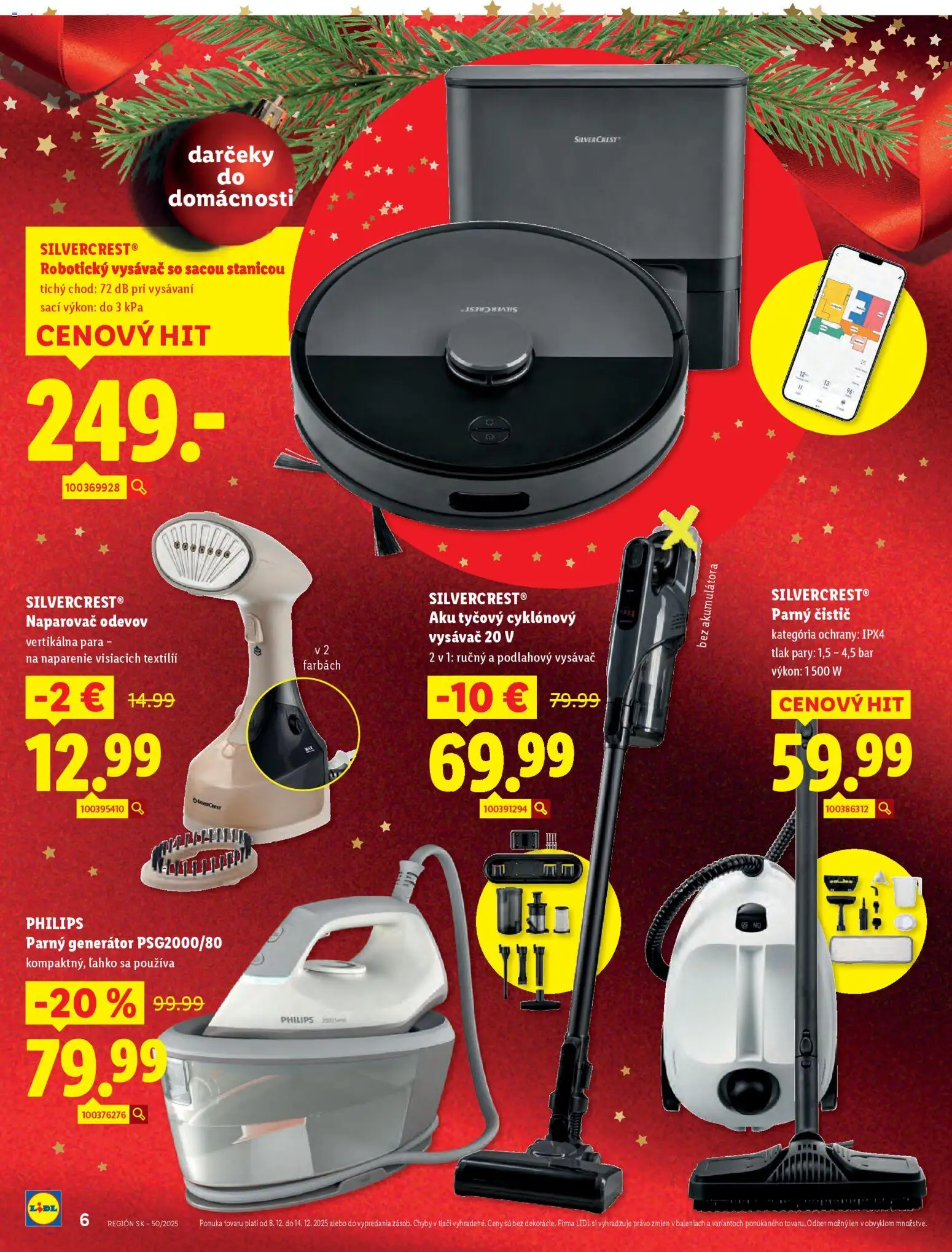 Nové Lidl akcie – leták je platný od 08.12.2025 | Strana: 6 | Produkty: Naparovač odevov, Robotický vysávač, Parný čistič, Aku