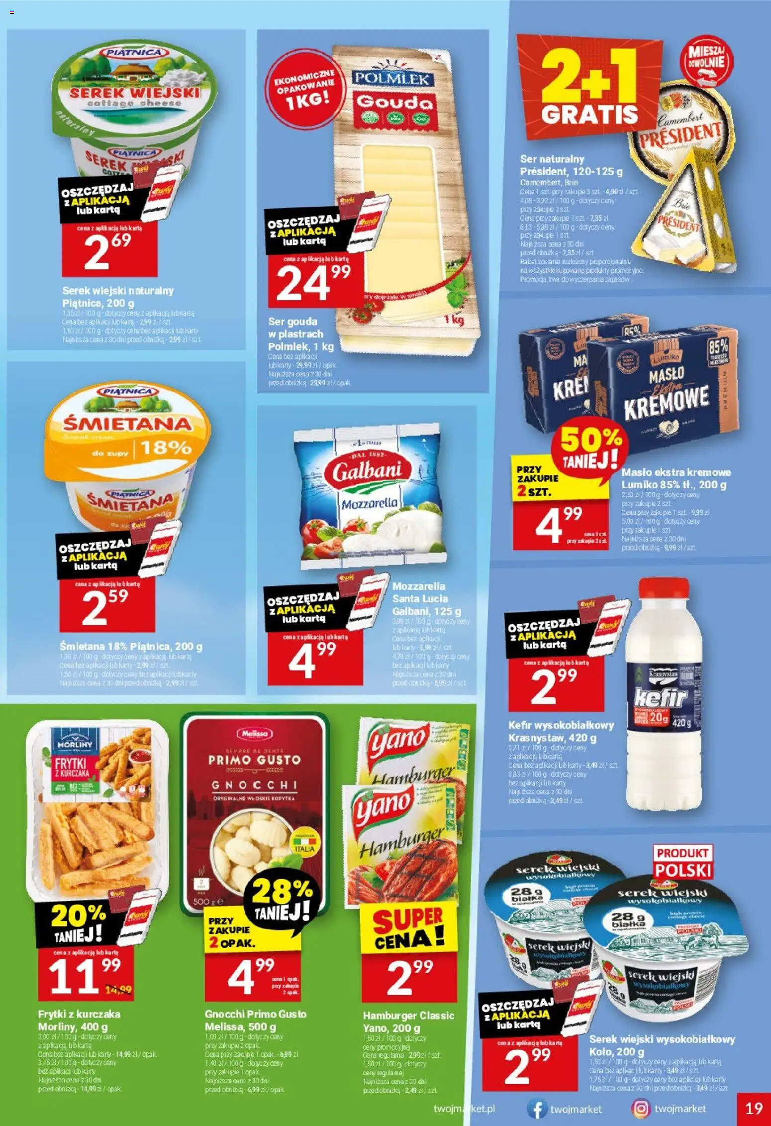 Twój Market Gazetka od 14.01.2026 | Strona: 19 | Produkty: Serek, Camembert, Serek wiejski, Serek wiejski wysokobiałkowy