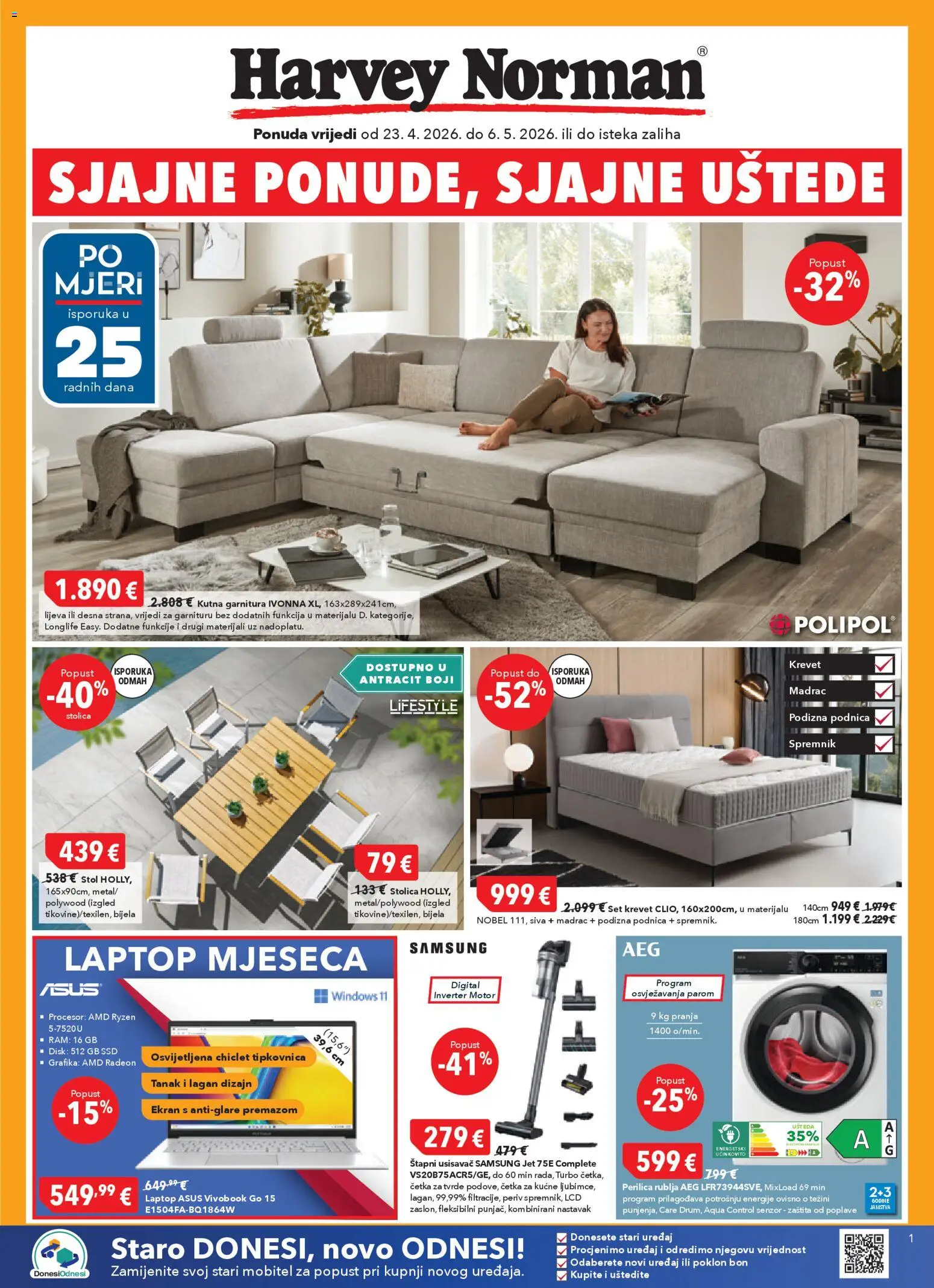 Harvey Norman katalog | vrijedi od 23.04.2026 | Stranica: 1 | Proizvodi: Usisavač, Stol, Stolica, Perilica rublja
