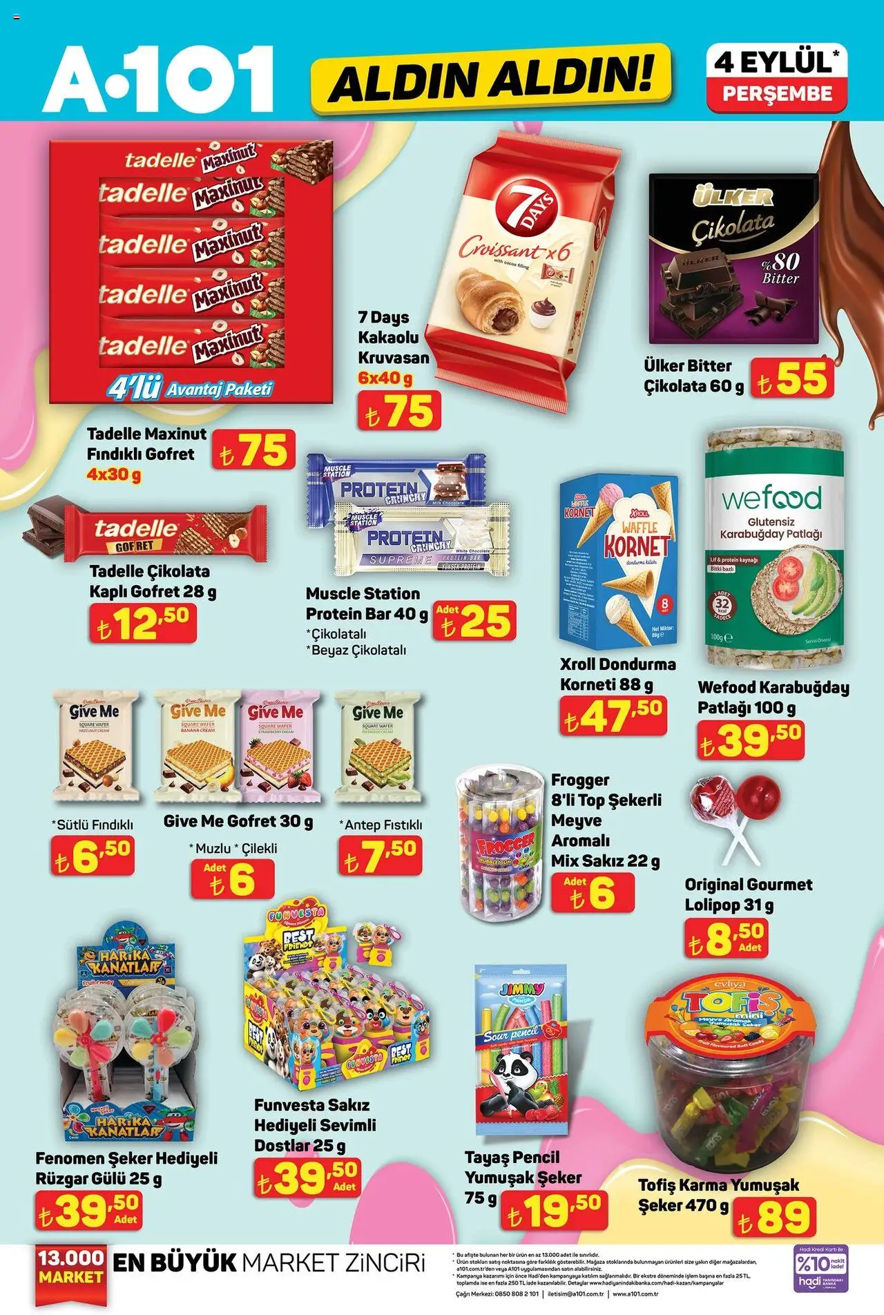 A101 Katalog Aldın Aldın - 04.09.2025 tarihinden itibaren geçerlidir | Sayfa: 15 | Ürünler: Gofret, Çikolata, Dondurma, Meyve