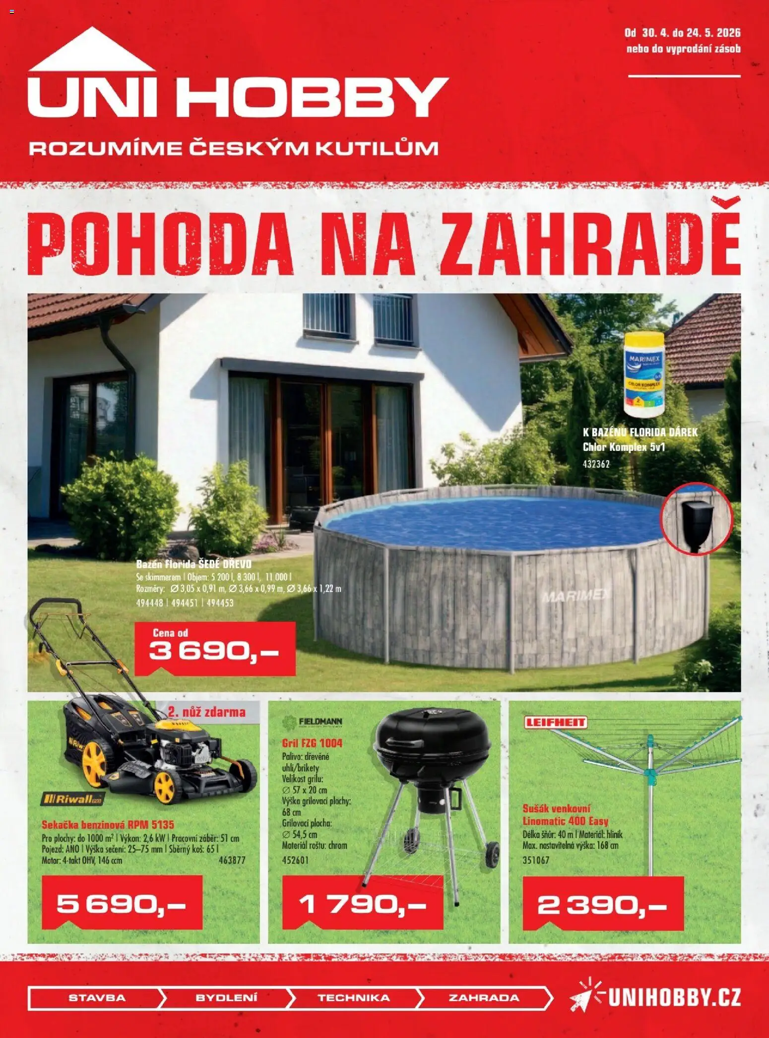 Uni Hobby leták od 30.04.2026 | Strana: 1 | Produkty: Bazén, Nůž, Sekačka, Koš