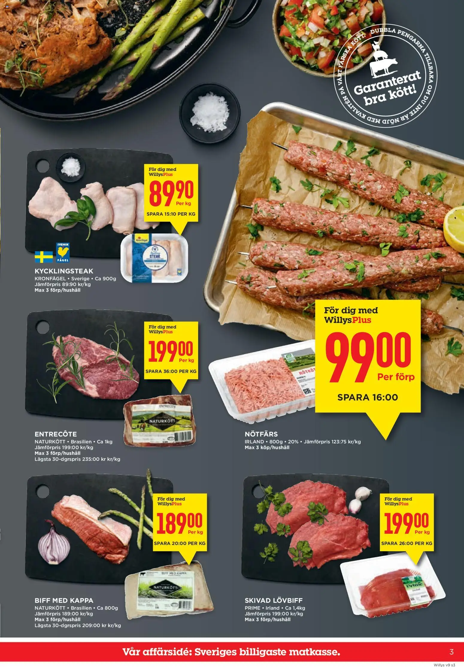 Willys reklamblad aktuell från 23.02.2026 | Sida: 3 | Produkter: Entrecote, Nötfärs, Lövbiff, Kappa