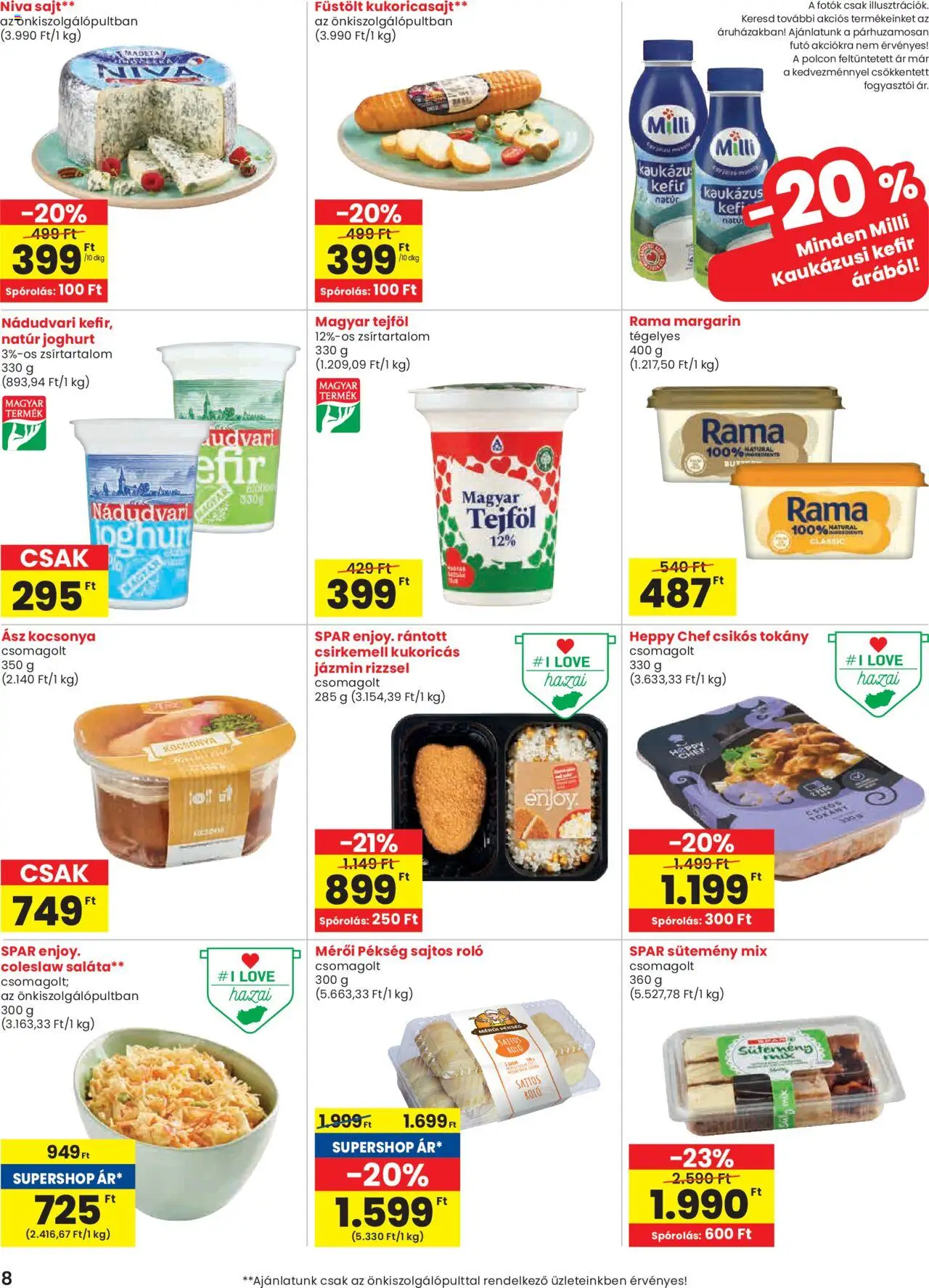 Spar akciós ujság - amely érvényes a következő dátumtól: 16.10.2025 | Oldal: 8 | Termékek: Kefir, Margarin, Roló, Tejföl