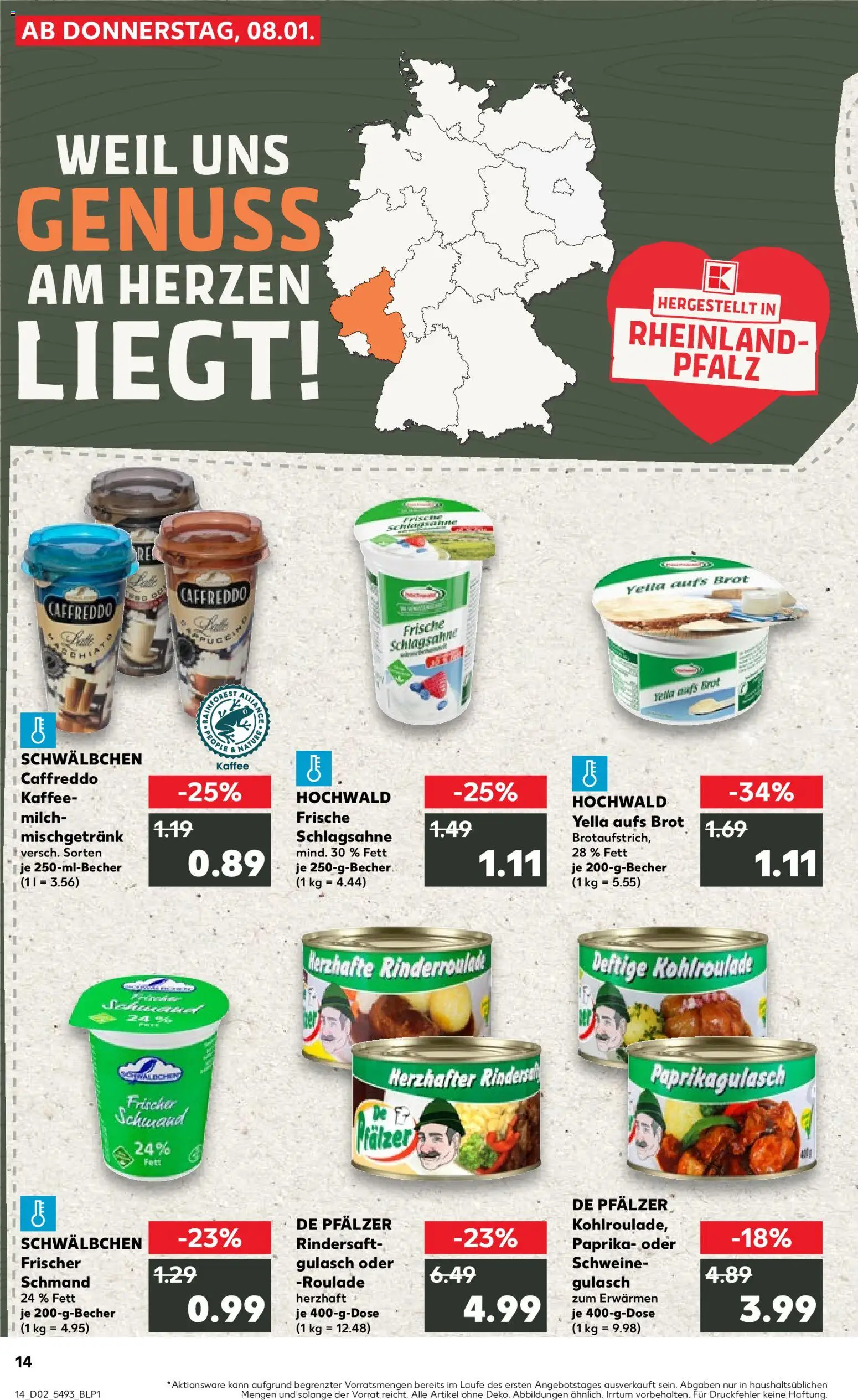Kaufland prospekt Speyer	 – gültig ab 08.01.2026 | Seite: 14 | Produkte: Milch, Kaffee, Gulasch, Brot