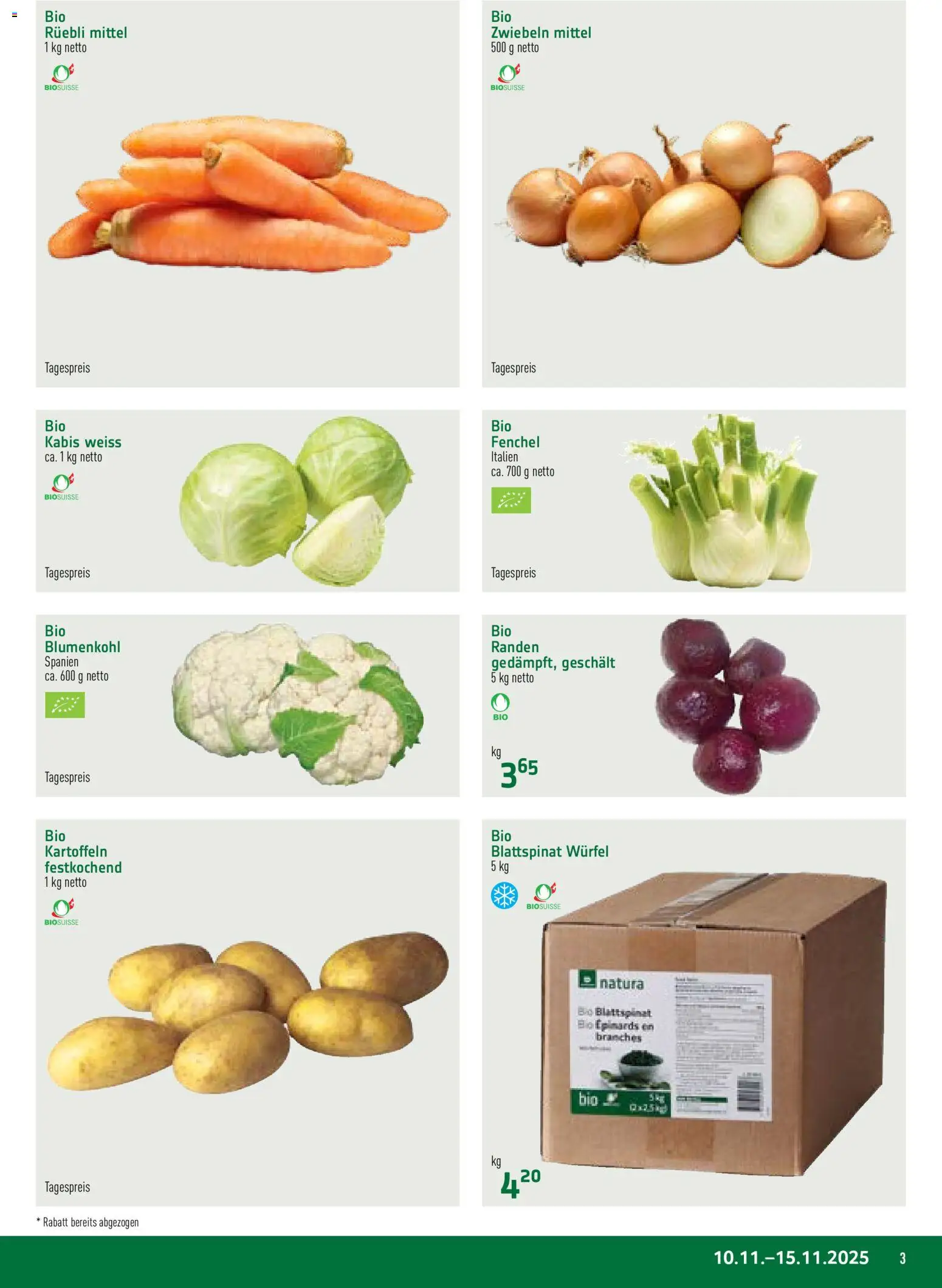 Prodega Aktionen Natura – gültig ab 10.11.2025 | Seite: 3 | Produkte: Blumenkohl, Kartoffeln, Zwiebeln