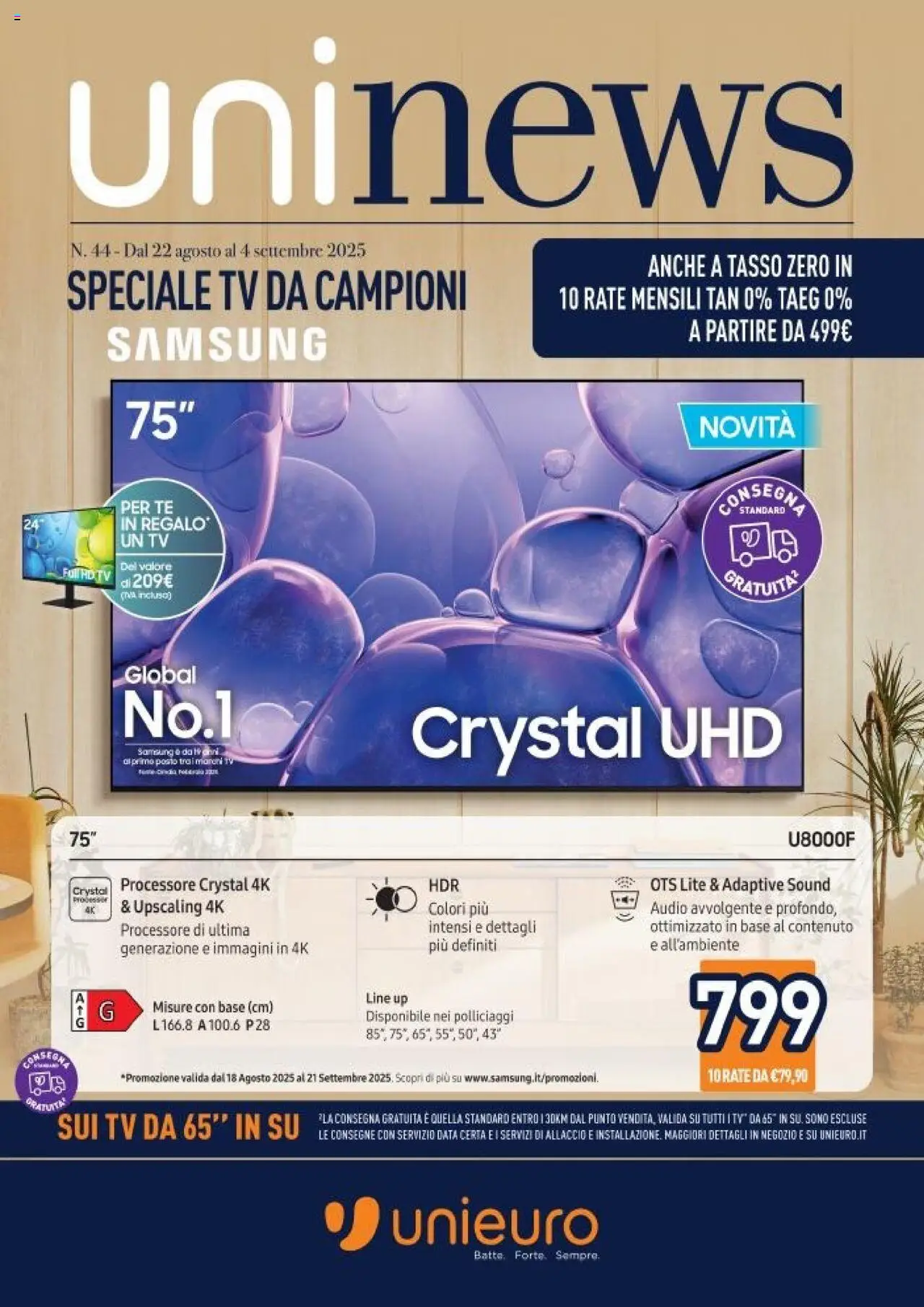 Volantino Unieuro del 22.08.2025 | Pagina: 1 | Prodotti: Data, TV, Audio, Samsung