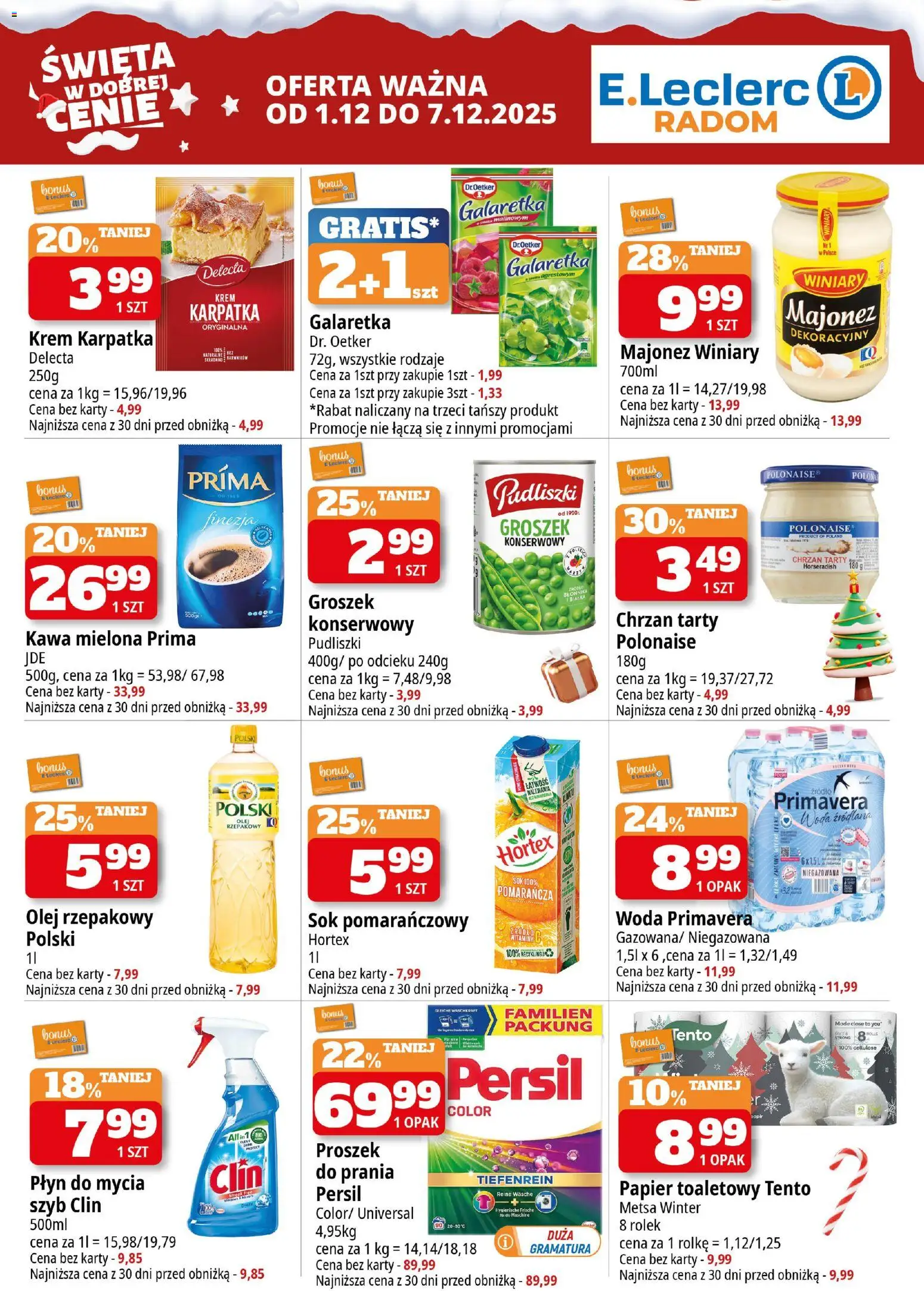 E.Leclerc Gazetka - Radom od 01.12.2025 | Strona: 4 | Produkty: Groszek, Olej rzepakowy, Kawa mielona Prima, Chrzan