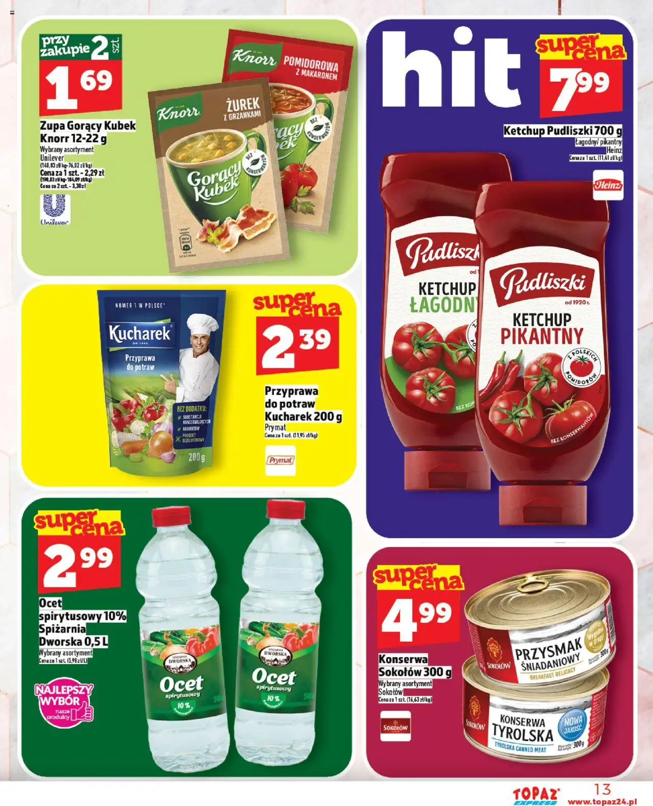 Topaz Gazetka - Express od 23.10.2025 | Strona: 13 | Produkty: Ocet spirytusowy, Ketchup, Gorący kubek, Zurek