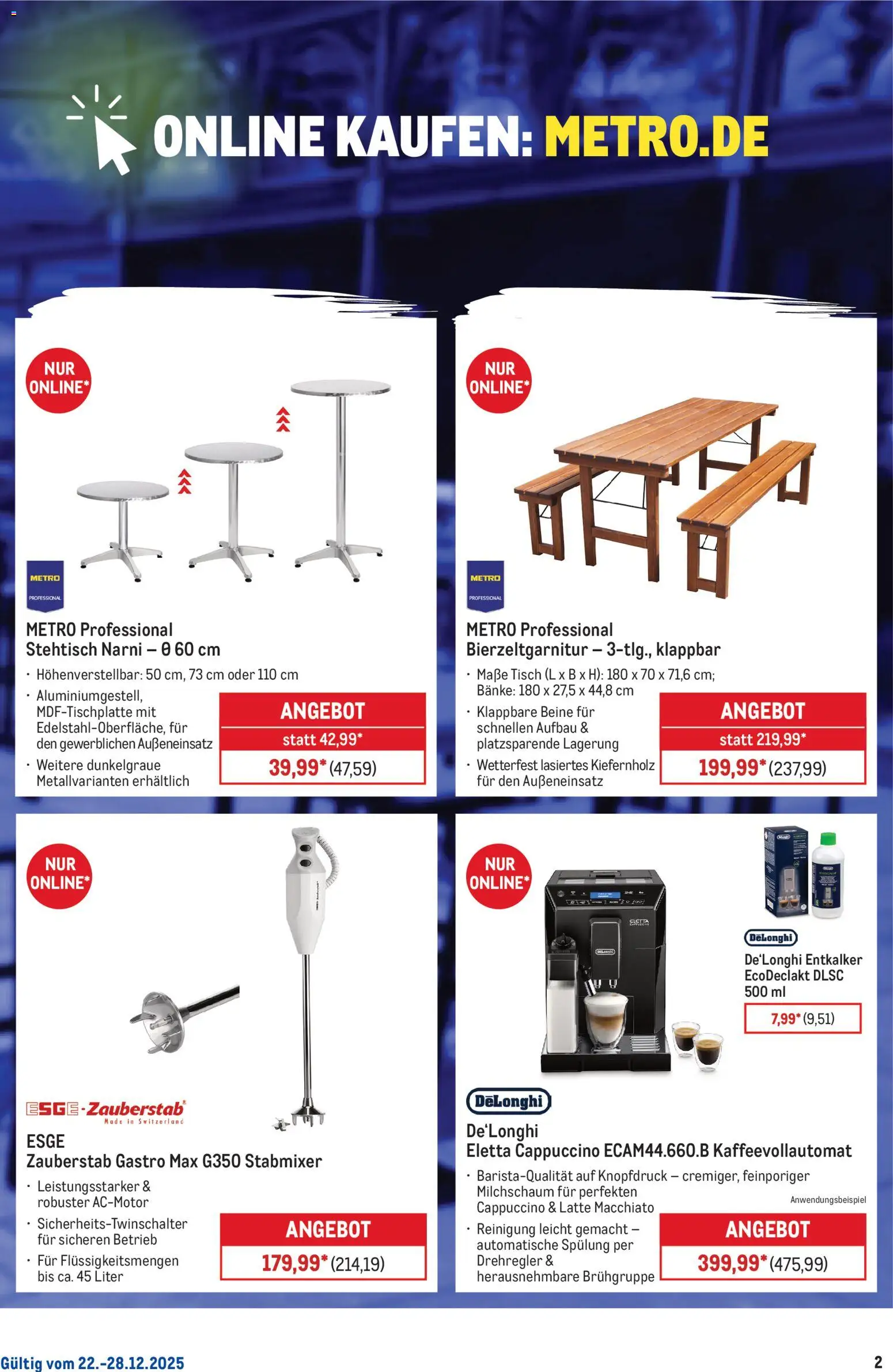 Metro Online: Wochen-Angebote – gültig ab 22.12.2025 | Seite: 2 | Produkte: Tisch, Spülung, Kaffeevollautomat, Stabmixer