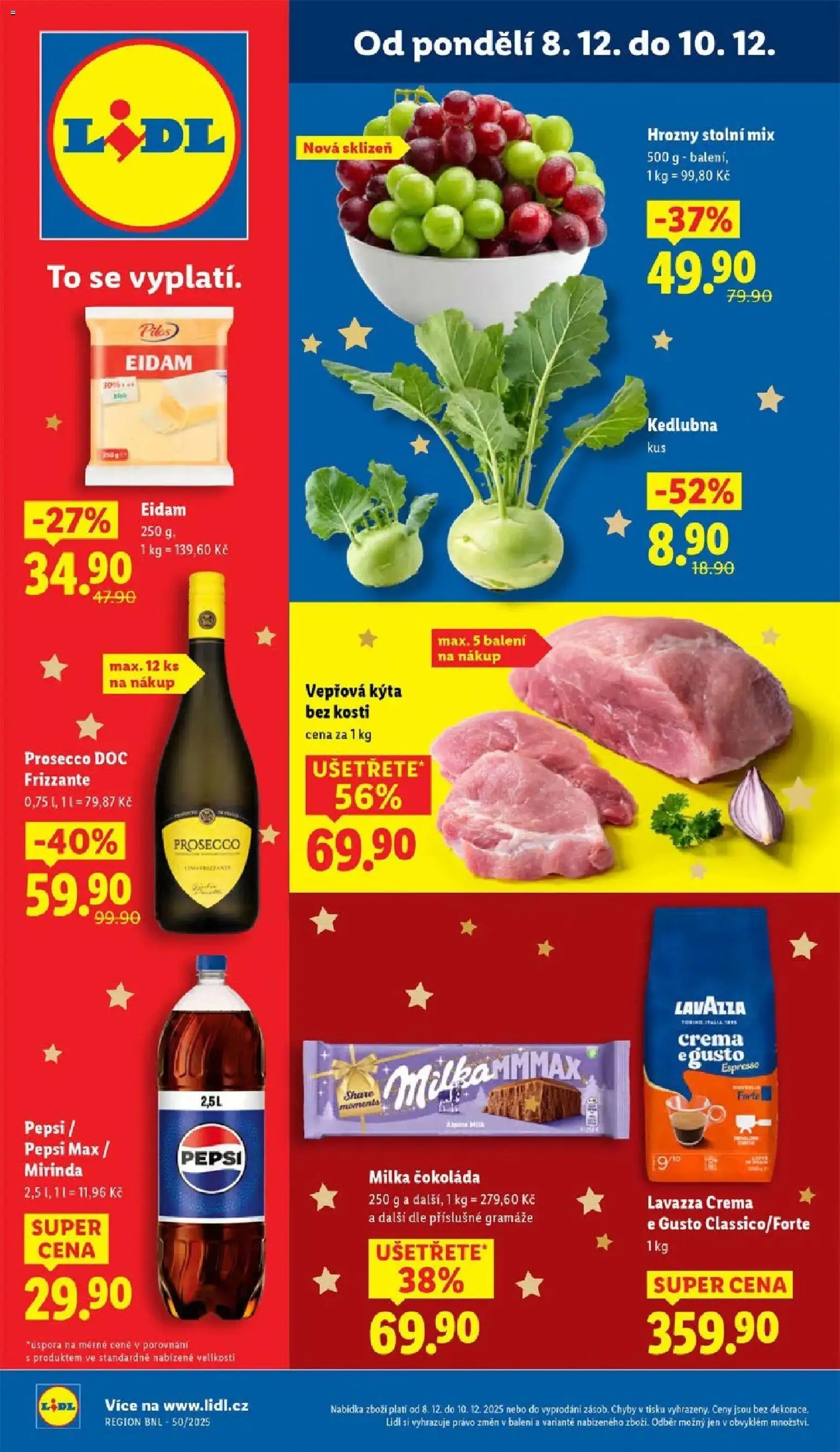Lidl leták od 08.12.2025 | Strana: 1 | Produkty: Čokoláda milka, Kýta bez kosti, Prosecco DOC, Vepřová Kýta