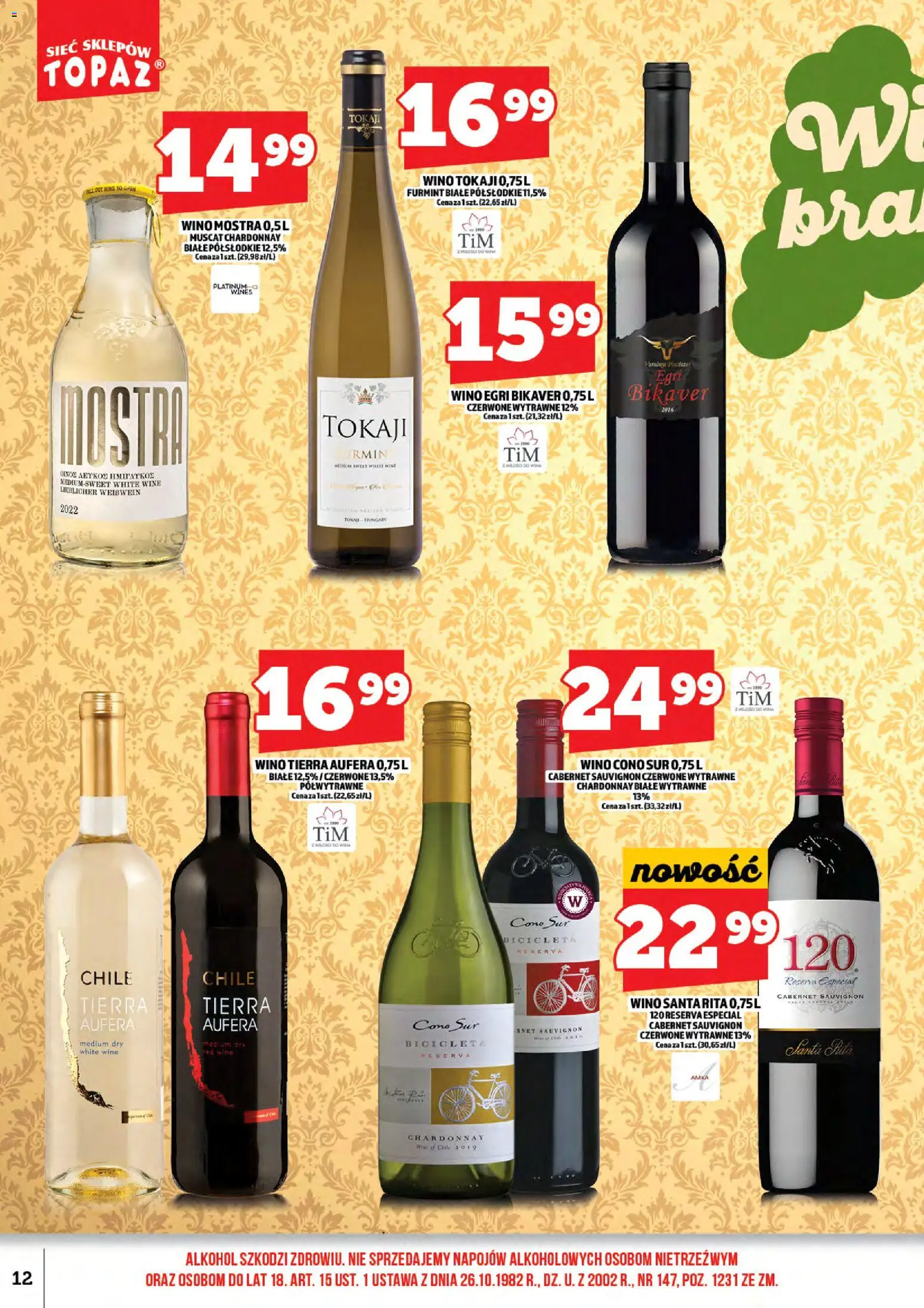 Topaz Gazetka alkoholowa od 01.01.2026 | Strona: 14 | Produkty: Chardonnay, Wino, Wino Egri Bikaver, Alkohol