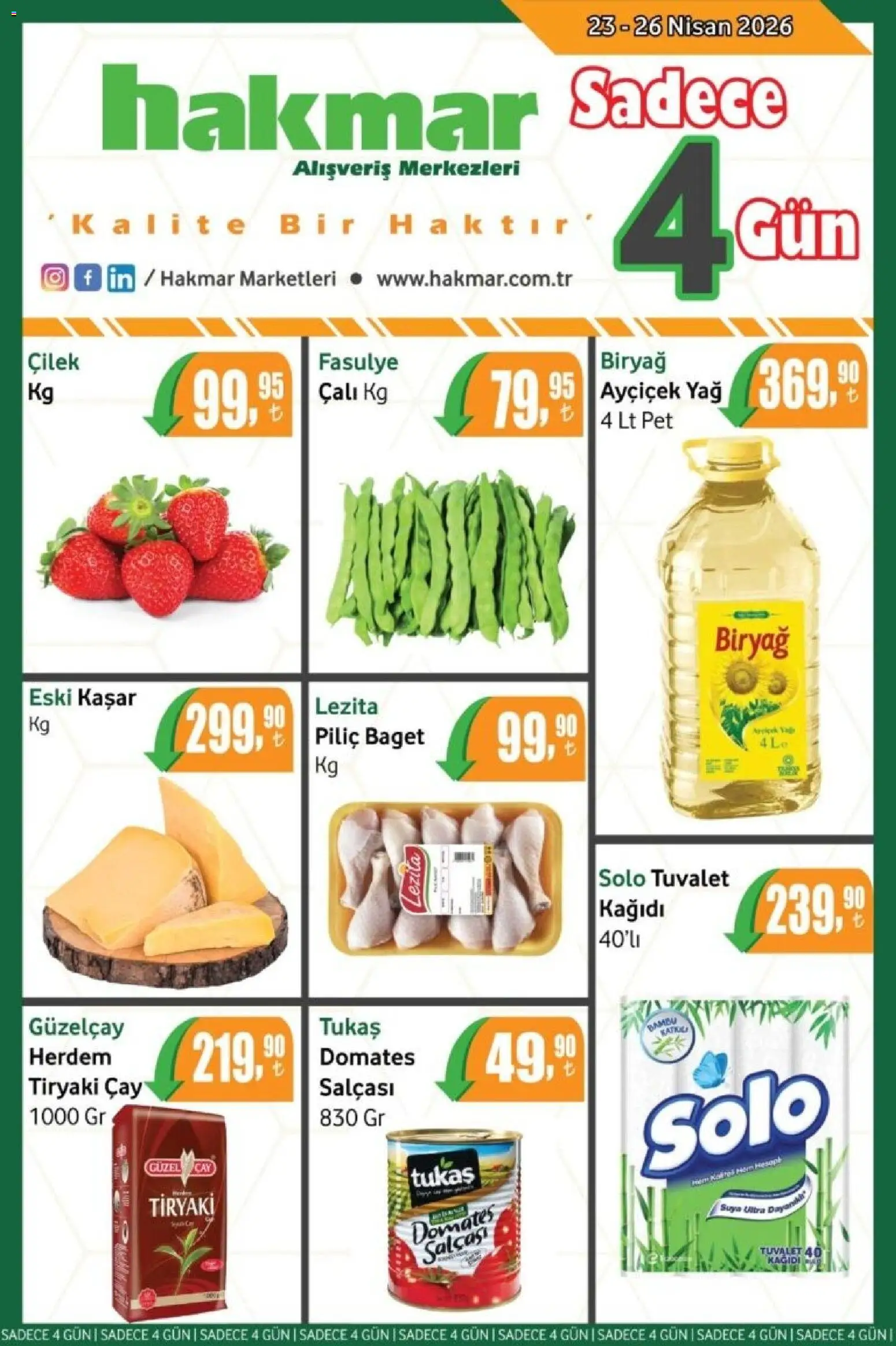 Hakmar - Katalog Sadece 4 Gün - 23.04.2026 tarihinden itibaren geçerlidir | Sayfa: 1 | Ürünler: Domates, Çilek, Piliç, Tuvalet kağıdı