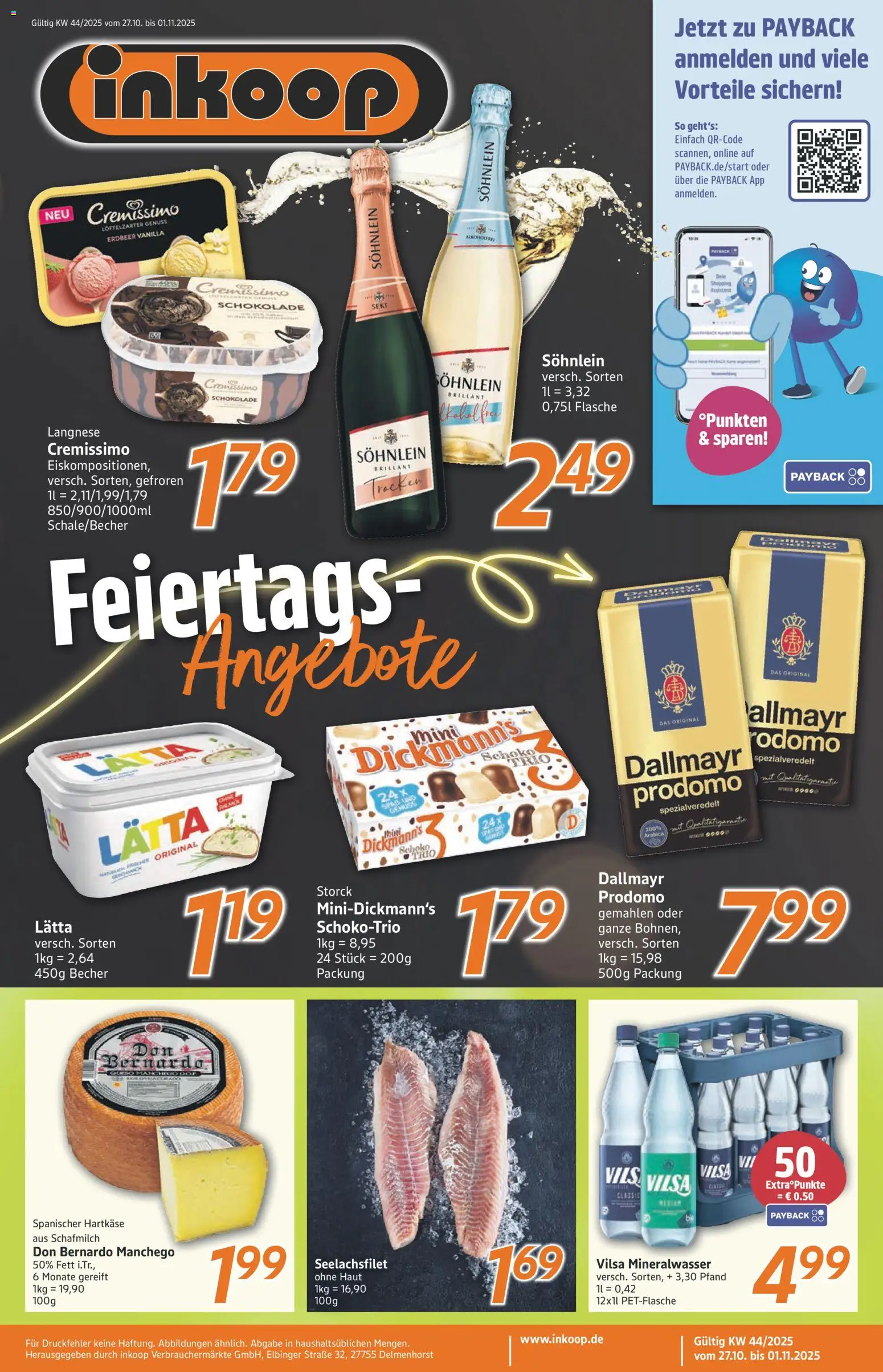 Inkoop Prospekt – gültig ab 27.10.2025 | Seite: 1 | Produkte: Langnese, Schokolade, Mineralwasser, Dallmayr