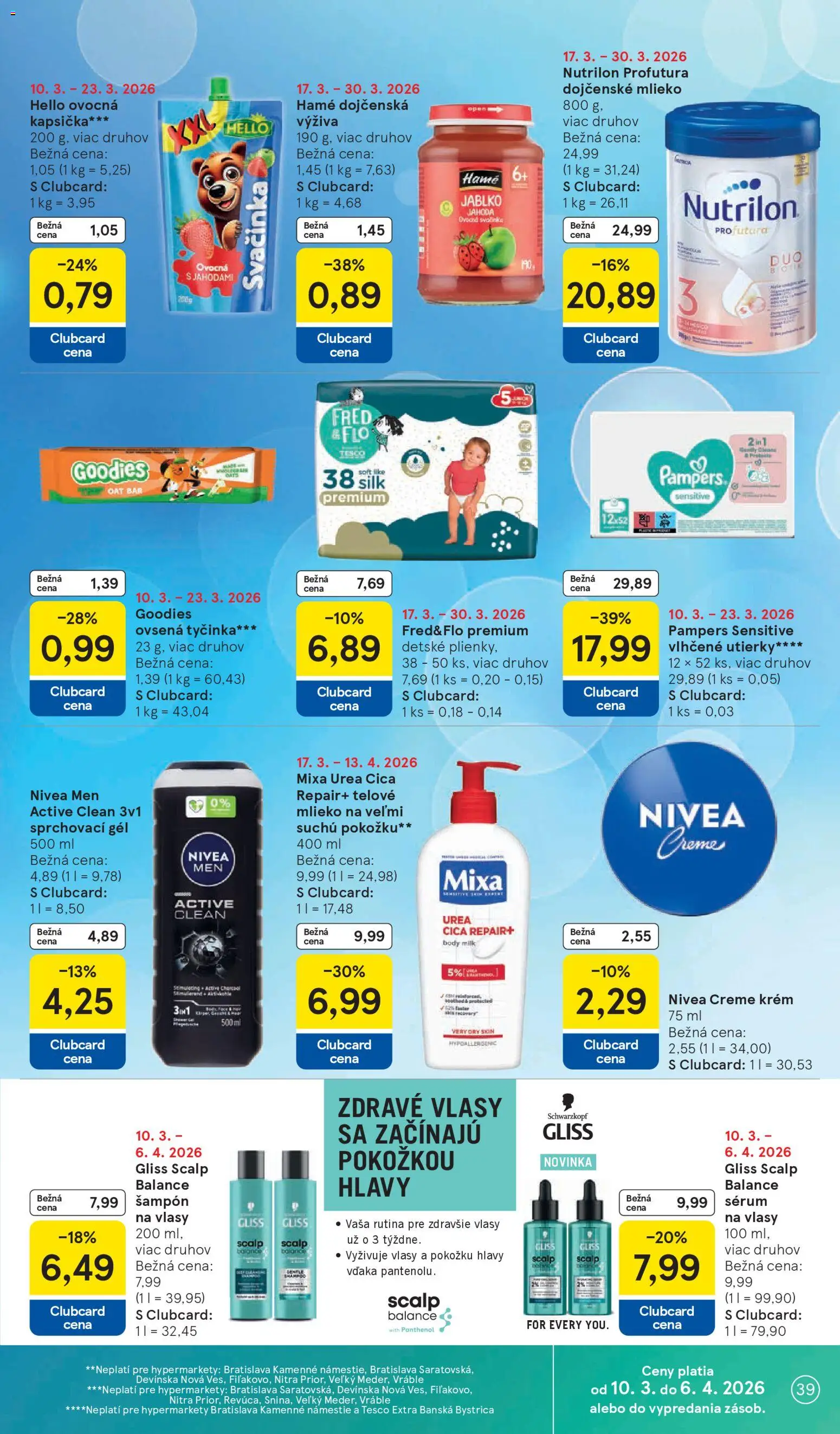 Nové Tesco akcie – leták je platný od 18.03.2026 | Strana: 39 | Produkty: Nutrilon, Šampón, Krém, Plienky