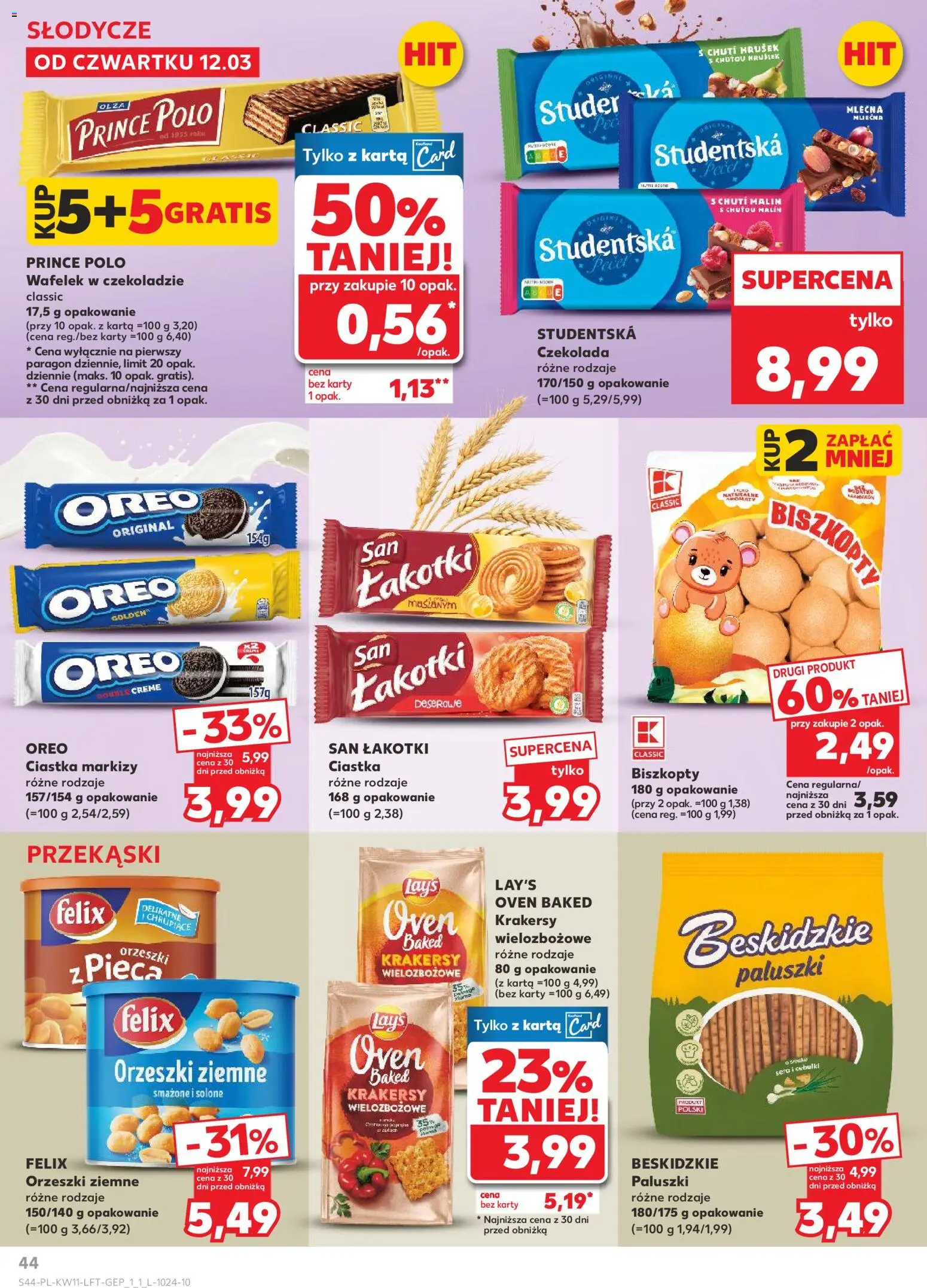 Kaufland Polsko leták od 12.03.2026 | Strana: 44 | Produkty: Studentská pečeť, Lay's, Karty, Oreo
