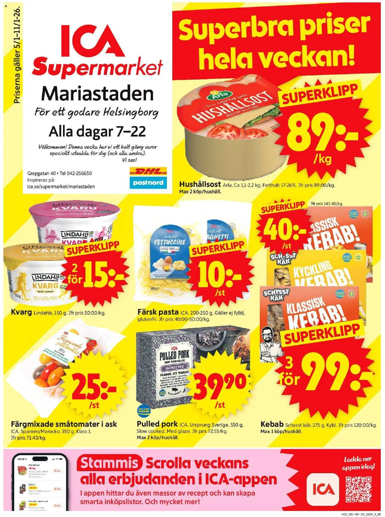 ICA Supermarket reklamblad aktuell från 05.01.2026 | Sida: 1 | Produkter: Gem, Hushållsost, Salami, Pasta